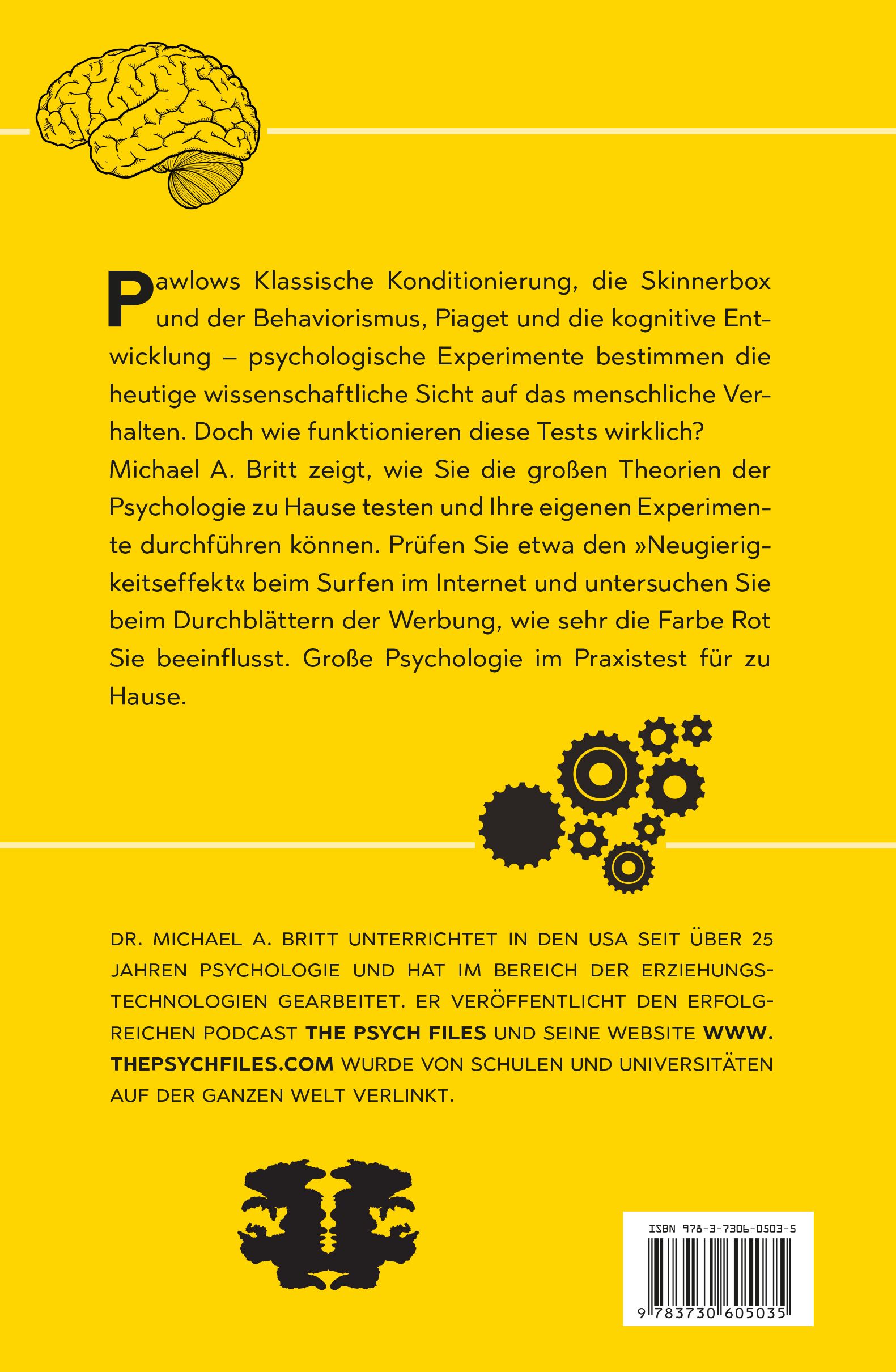 Buchrücken "Psychologische Experimente". Gelber Hintergrund, Text, Autor, Verlag, ISBN-Code.