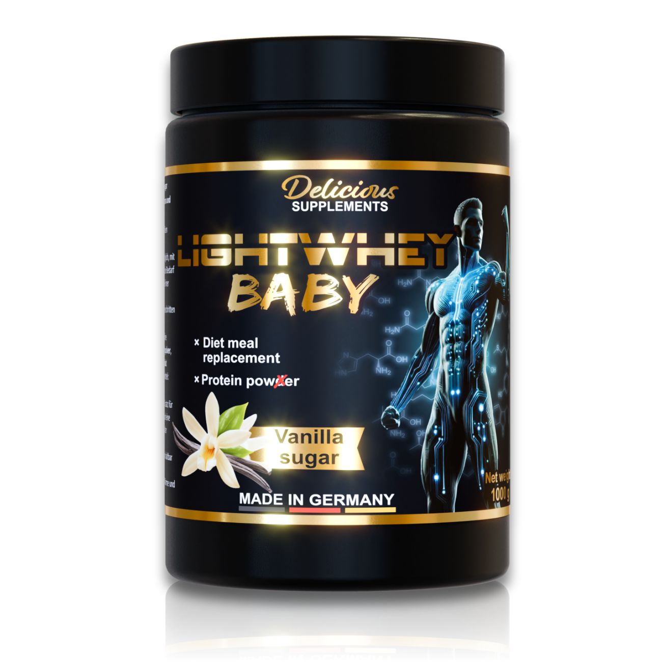 Schwarze Dose mit goldfarbenem Deckel. Aufschrift: Lightwhey Baby, Vanilla Sugar. Abbildung eines Mannes und einer Vanilleblüte.