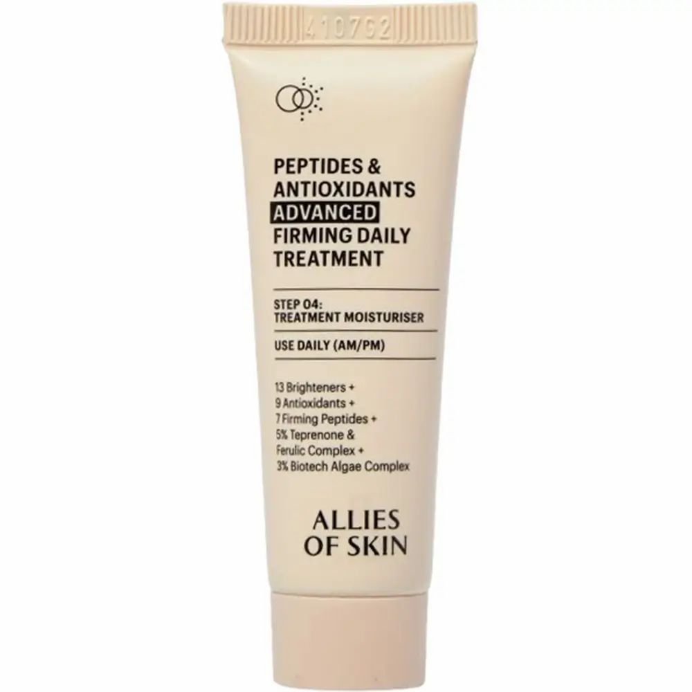 Beige Tube mit Text: Peptides & Antioxidants, Advanced Firming Daily Treatment. Marke: ALLIES OF SKIN.