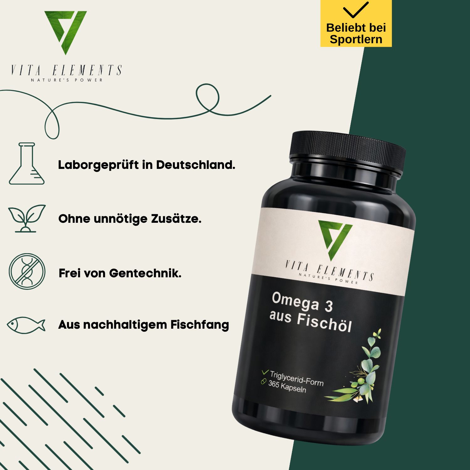 Vita Elements Omega 3: Laborgeprüft, ohne Zusätze, gentechnikfrei, aus nachhaltigem Fischfang.