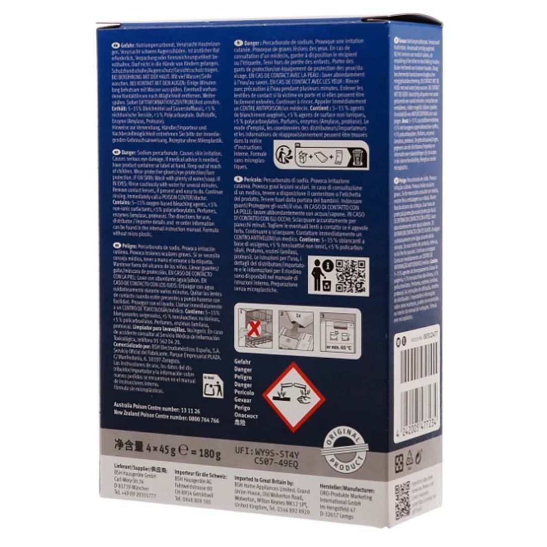 Rückseite der blauen Schachtel. Enthält Text, Piktogramme und Informationen. Marke: Bosch, Siemens, Gaggenau. 4x45g.