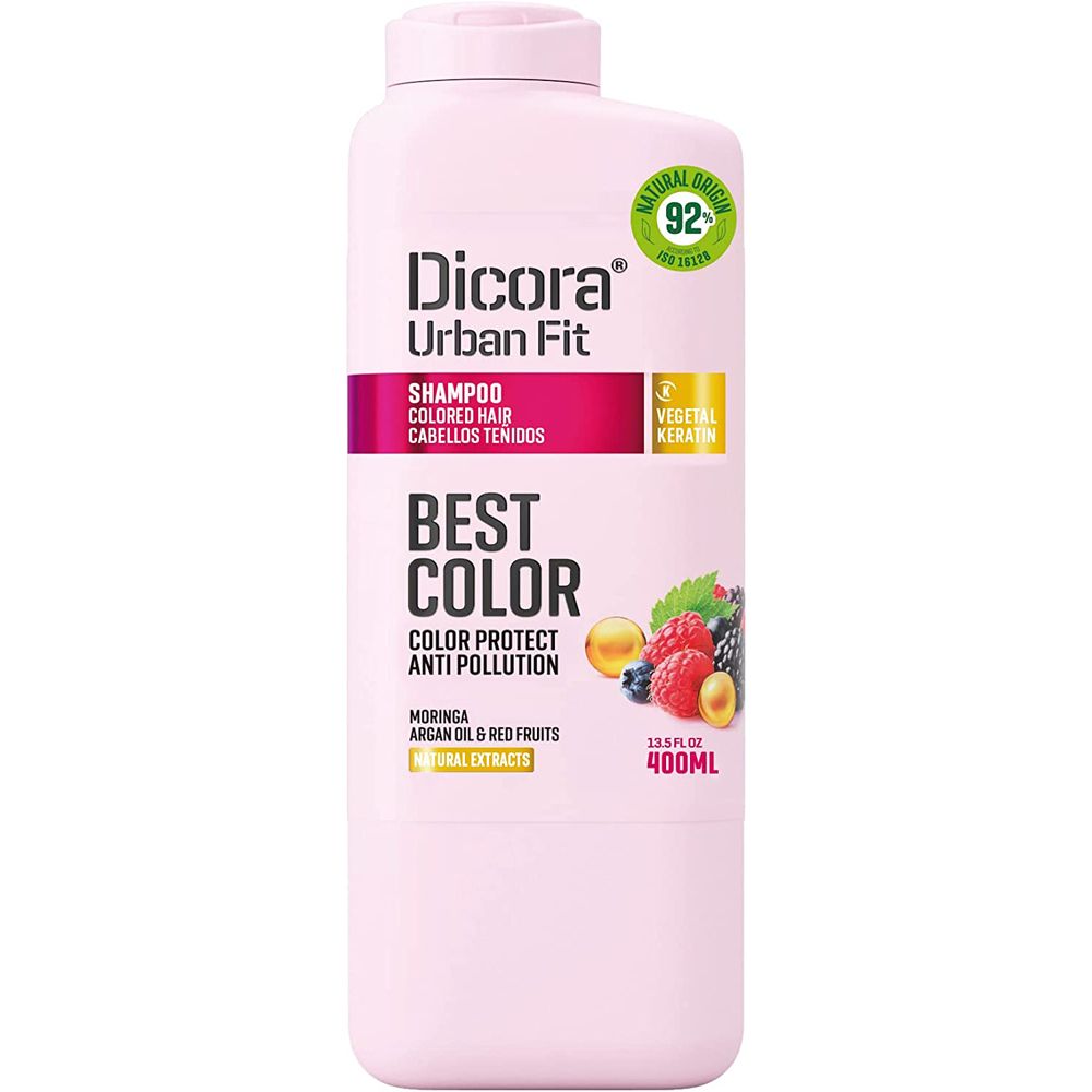 Rosa Shampoo-Flasche mit Aufschrift "Dicora Urban Fit". Enthält "Best Color" und Frucht-Illustrationen. 400ml.