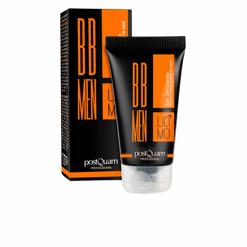 Schwarze Tube und Schachtel mit orangefarbener Schrift. Auf der Tube steht "BB MEN UOMO" und "Postquam".