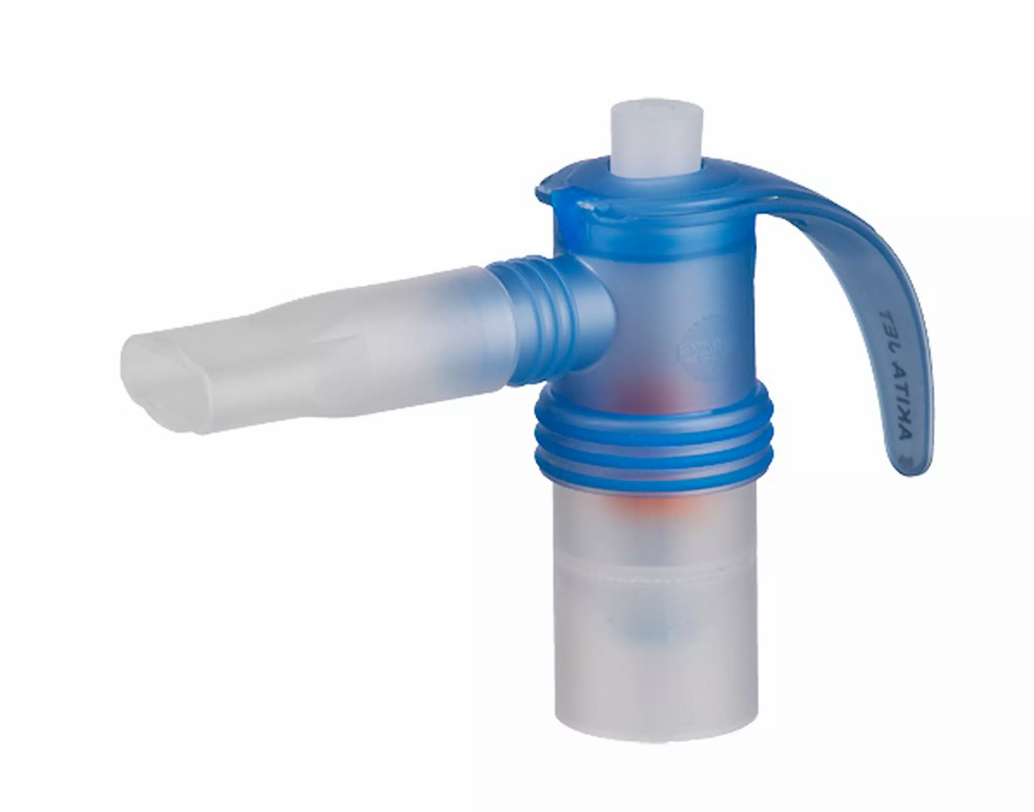 Inhalationsgerät mit blauem Griff und Mundstück. Transparente und blaue Kunststoffteile. Aufschrift: AKITA.
