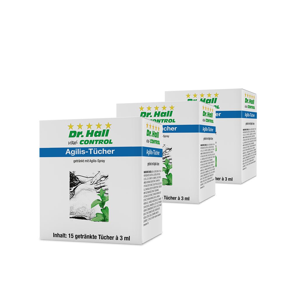 Drei weiße Kartons mit Produktaufdruck. Aufschrift: Dr. Hall Agilis-Tücher. Inhalt: 15 getränkte Tücher à 3 ml.
