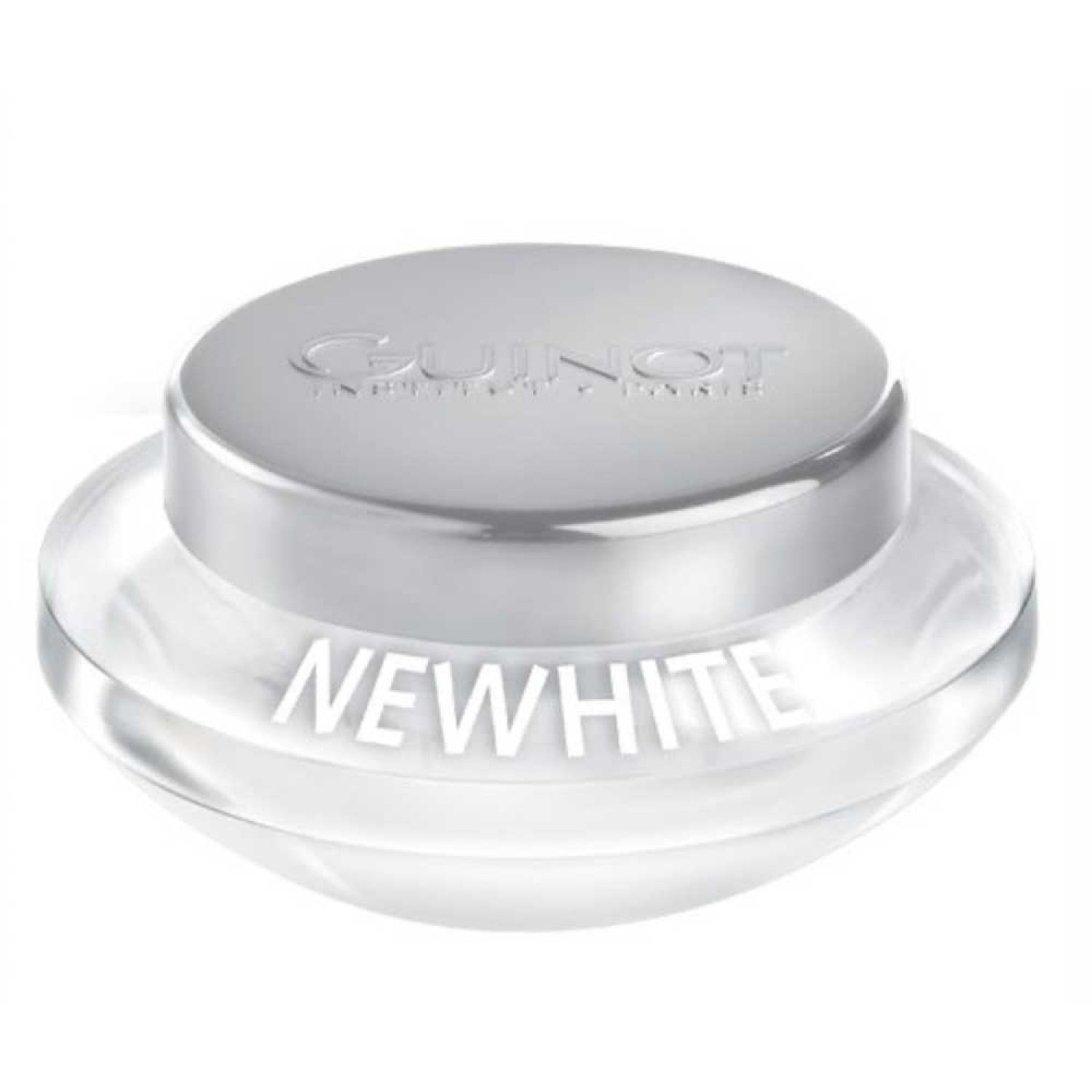 Creme-Glas mit silbernem Deckel. Auf dem Deckel steht "GUINOT". Unter dem Deckel steht "NEWWHITE".
