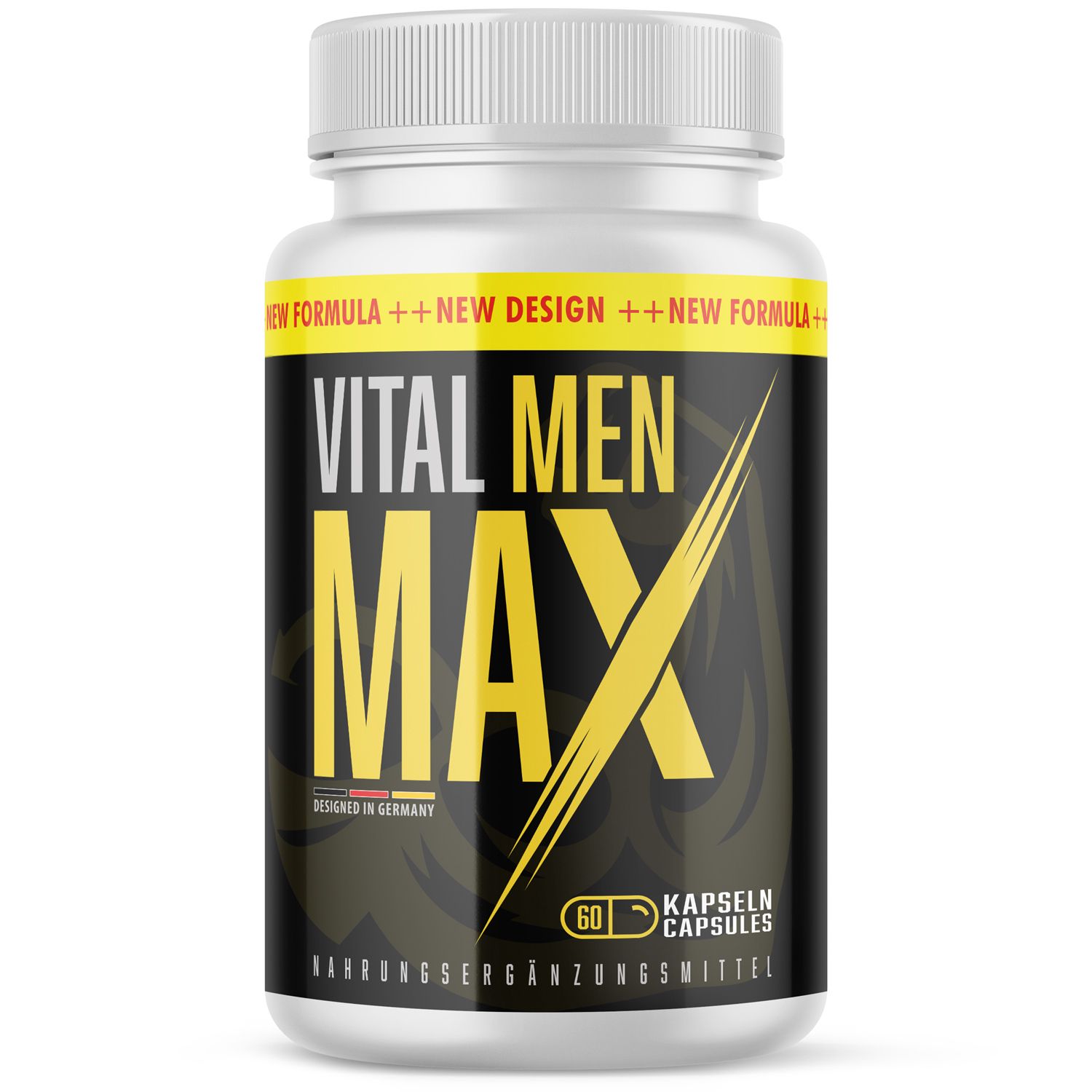 Weiße Flasche mit gelb-schwarzem Etikett. Aufschrift: VITAL MEN MAX, 60 Kapseln. Nahrungsergänzungsmittel. Hergestellt in Deutschland.