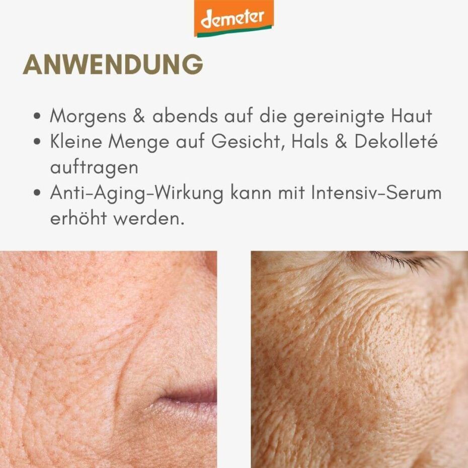 Text mit Überschrift: Anwendung. Zwei Bilder zeigen Hautpartien mit Falten. Demeter-Logo.