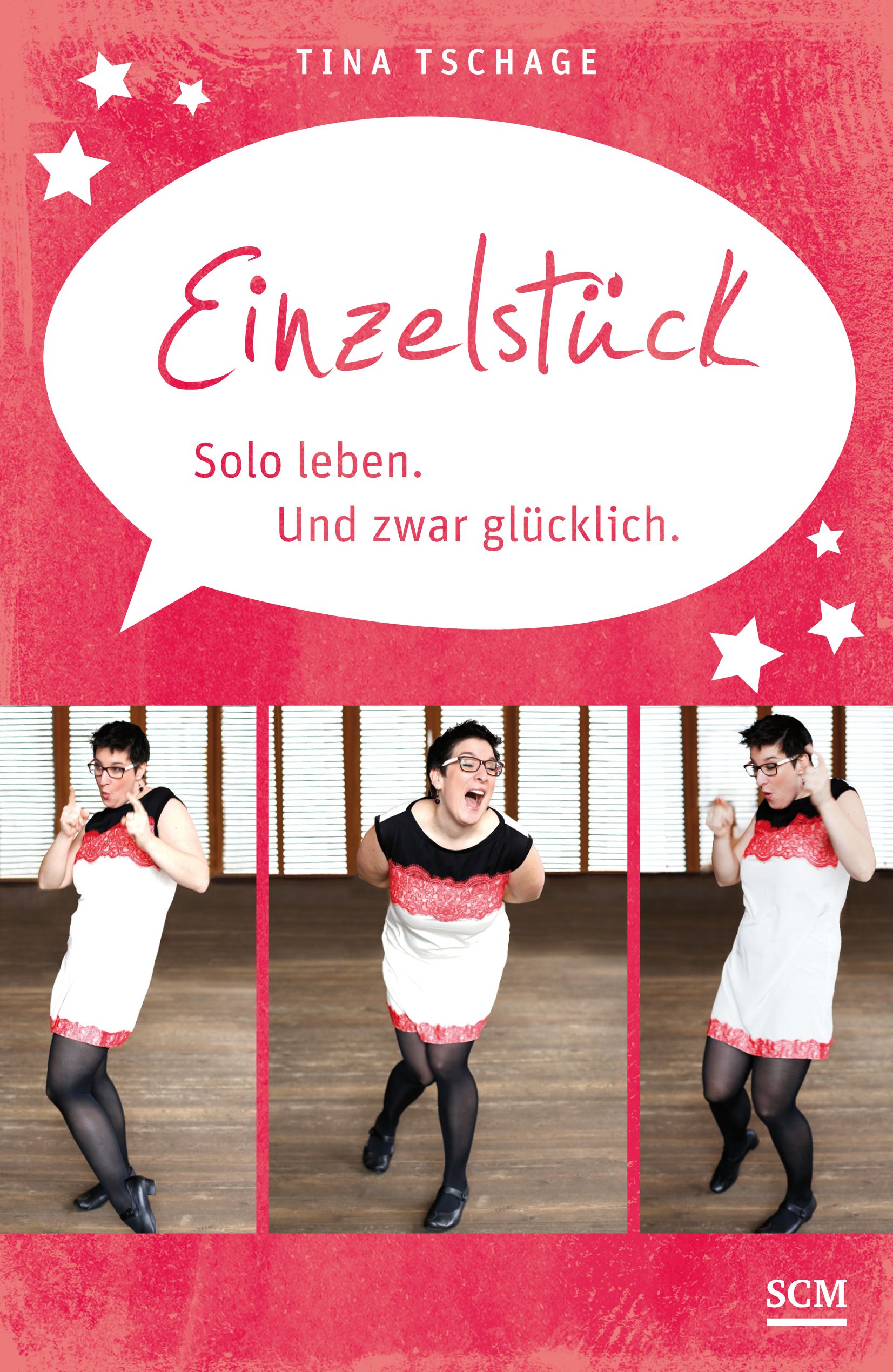 Buchcover mit Titel „Einzelstück“. Frau in weißem Kleid, schwarzem Oberteil und Strumpfhose. SCM-Logo.