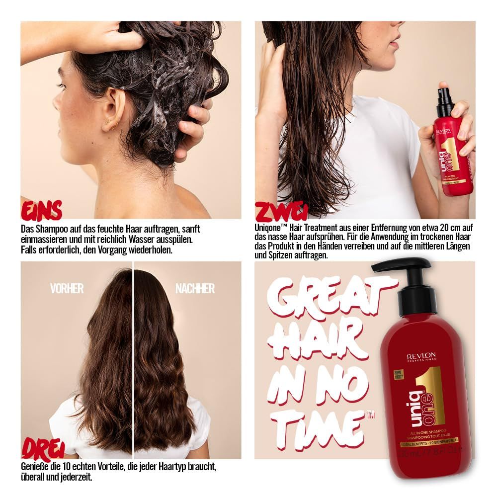 Bild zeigt Anwendung von Revlon Professional UniqOne. Vorher-Nachher-Effekt. Rote Flasche mit Pumpdeckel.