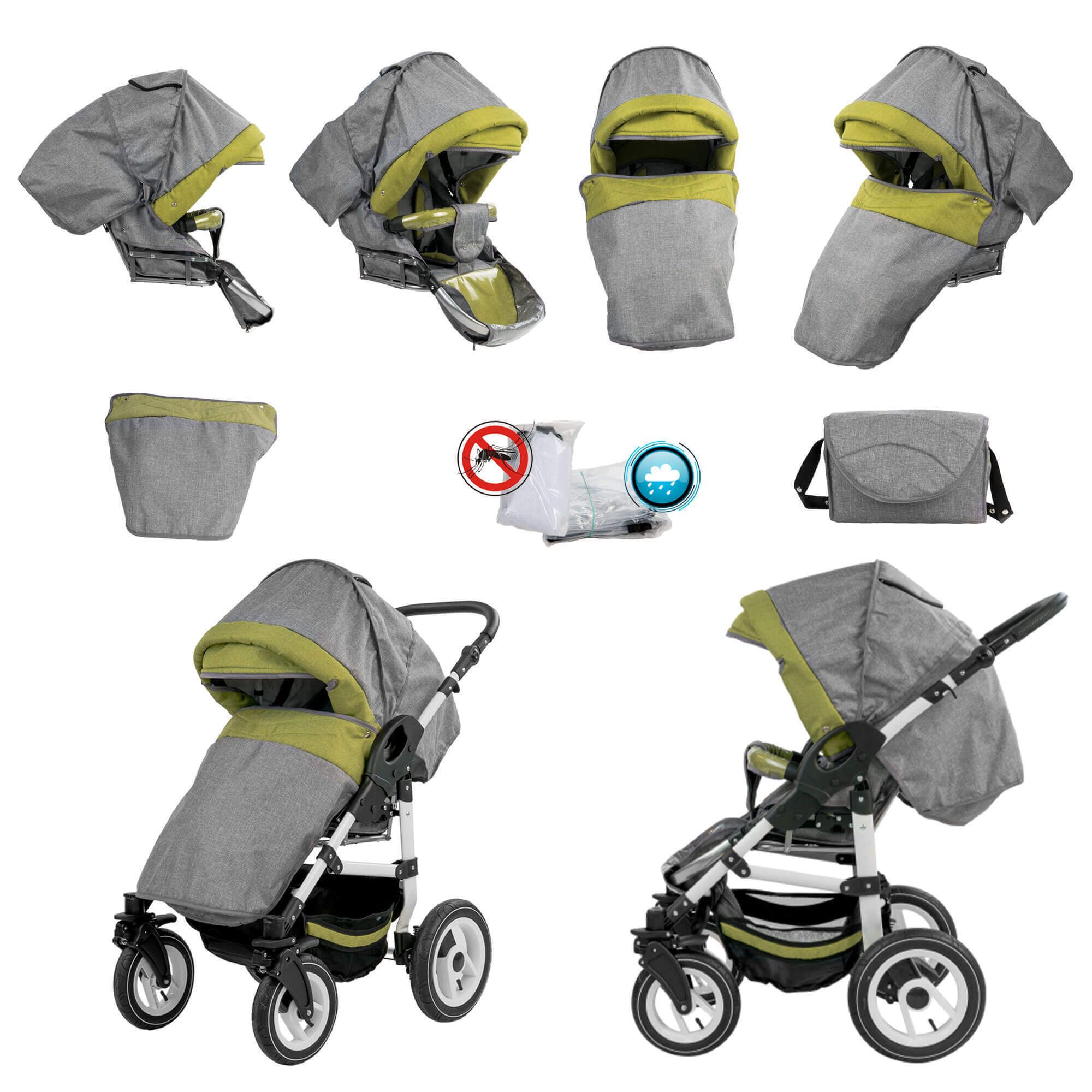 Kinderwagen-Komplettset mit grau-grünen Stoffen, weißem Gestell. Enthält Regenschutz, Moskitonetz und Wickeltasche.