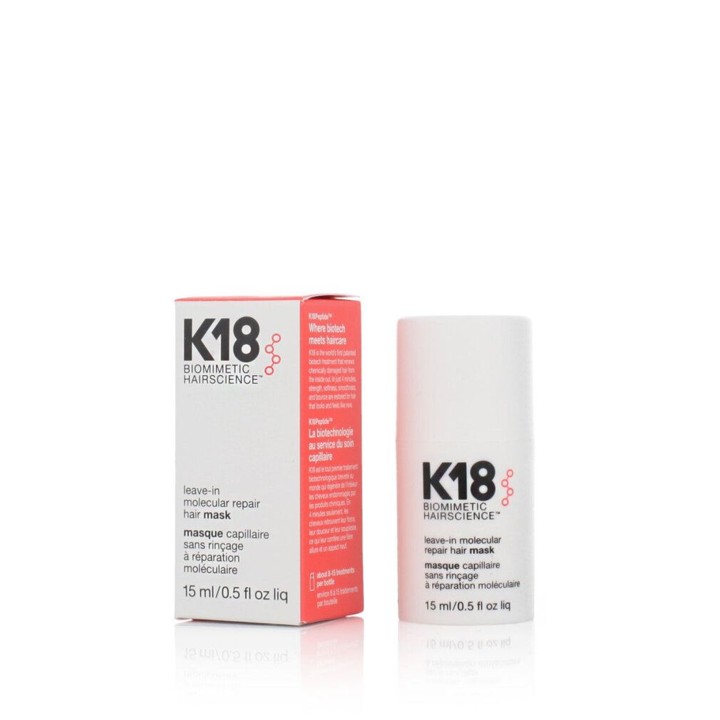 K18-Produkt mit Verpackung. Weiße Flasche und Karton. 15 ml/0,5 fl oz. Leave-in Molecular Repair Hair Mask.