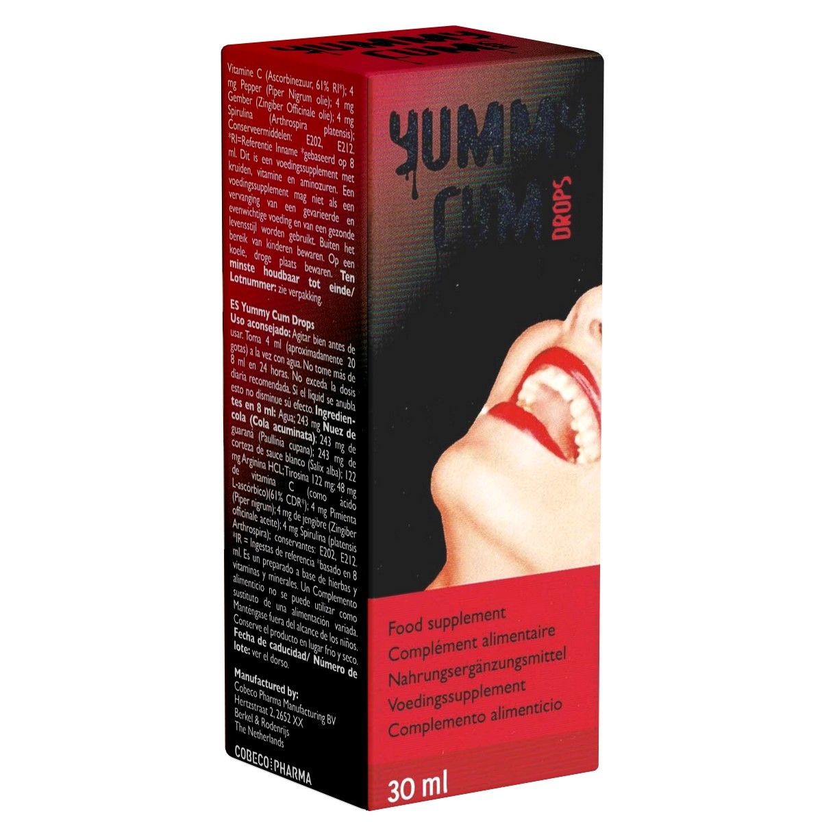 Kartonverpackung mit Produktnamen und Mund-Abbildung. Text: Nahrungsergänzungsmittel, 30 ml. Marke: Cobeco Pharma.