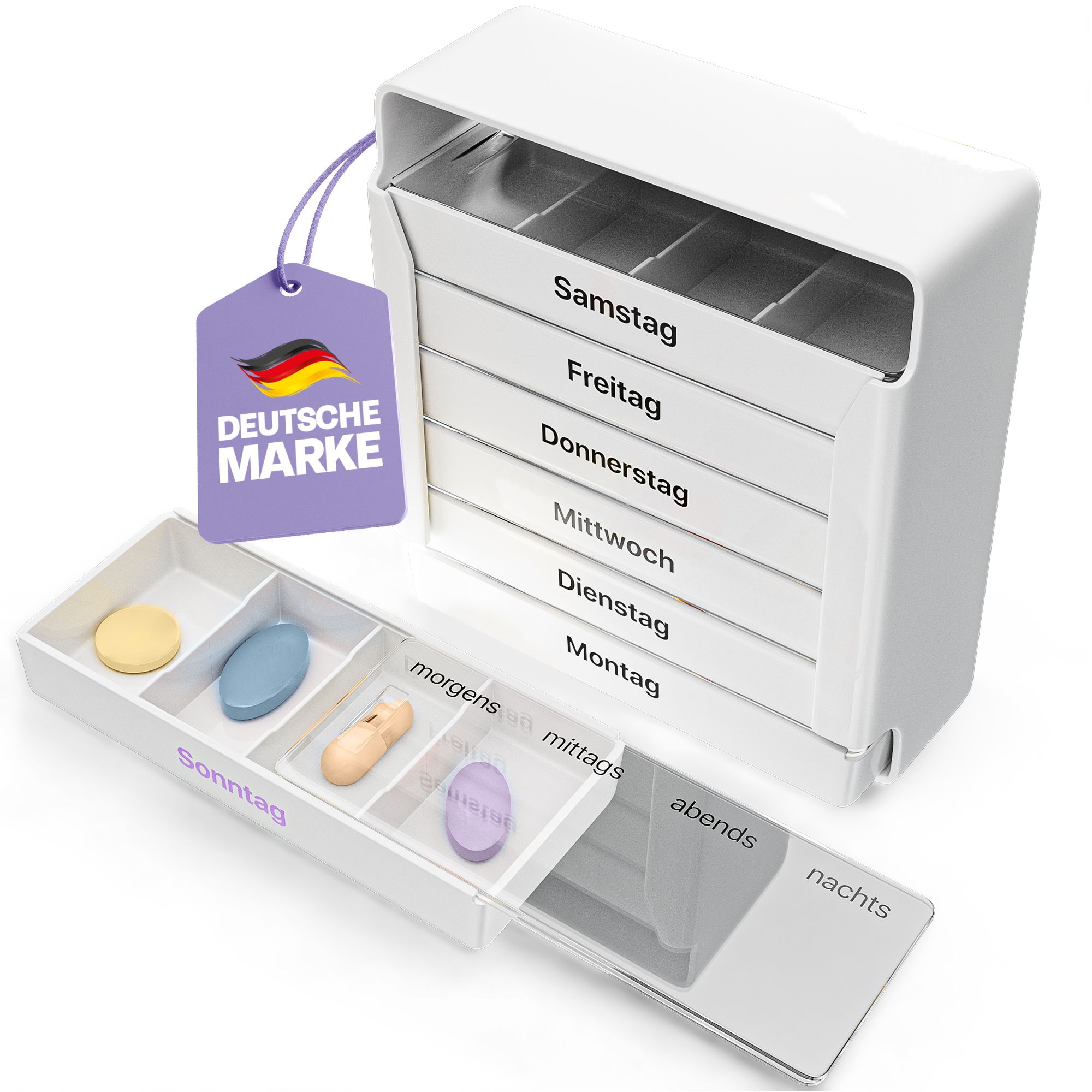 Weißer Tabletten-Organizer mit 7 Schubladen. Schublade mit Pillen. Deutsche Marke.