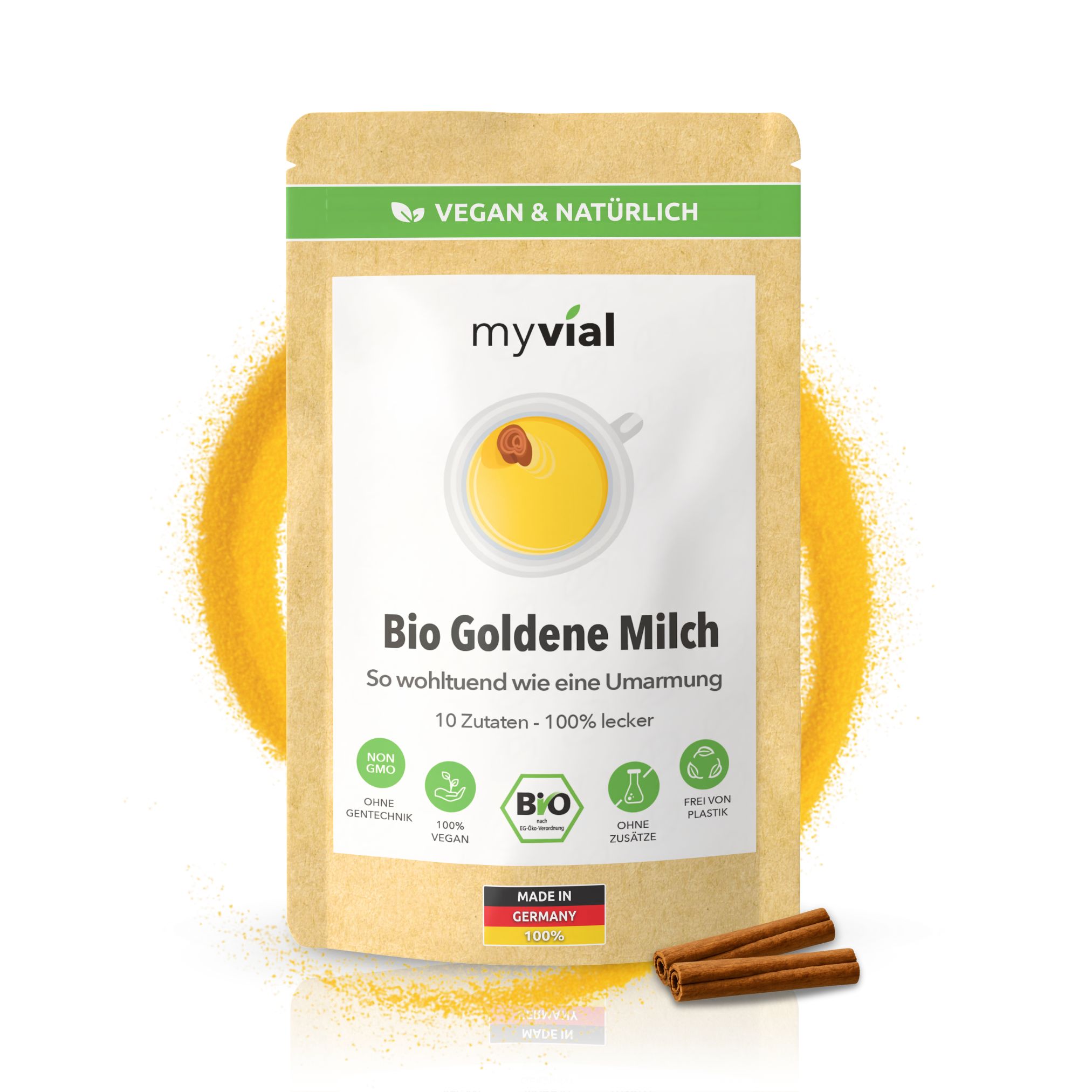 myvial® Bio Goldene Milch Latte - Pulvermischung mit 10 ayurvedischen Superfoods 100 g Pulver