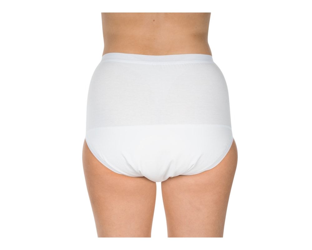 Rückansicht eines weißen Baumwoll-Slips für Damen. Hoher Bund, glatte Oberfläche.