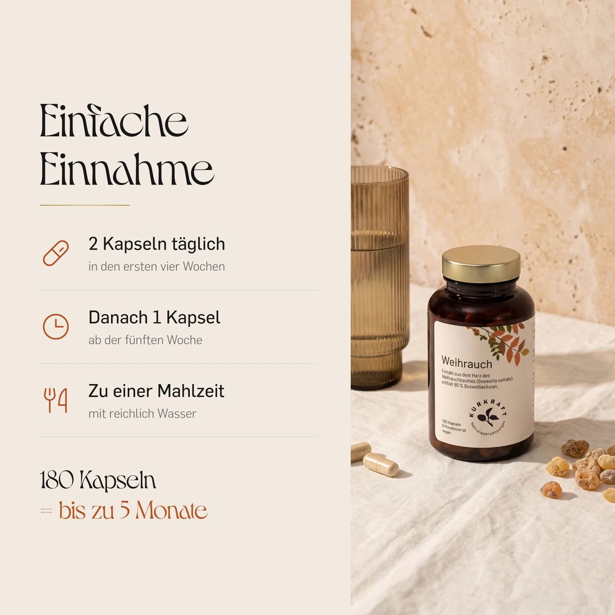 Flasche mit Weihrauch-Kapseln, Glas Wasser und Einnahmehinweise: 2 Kapseln täglich, dann 1 Kapsel.