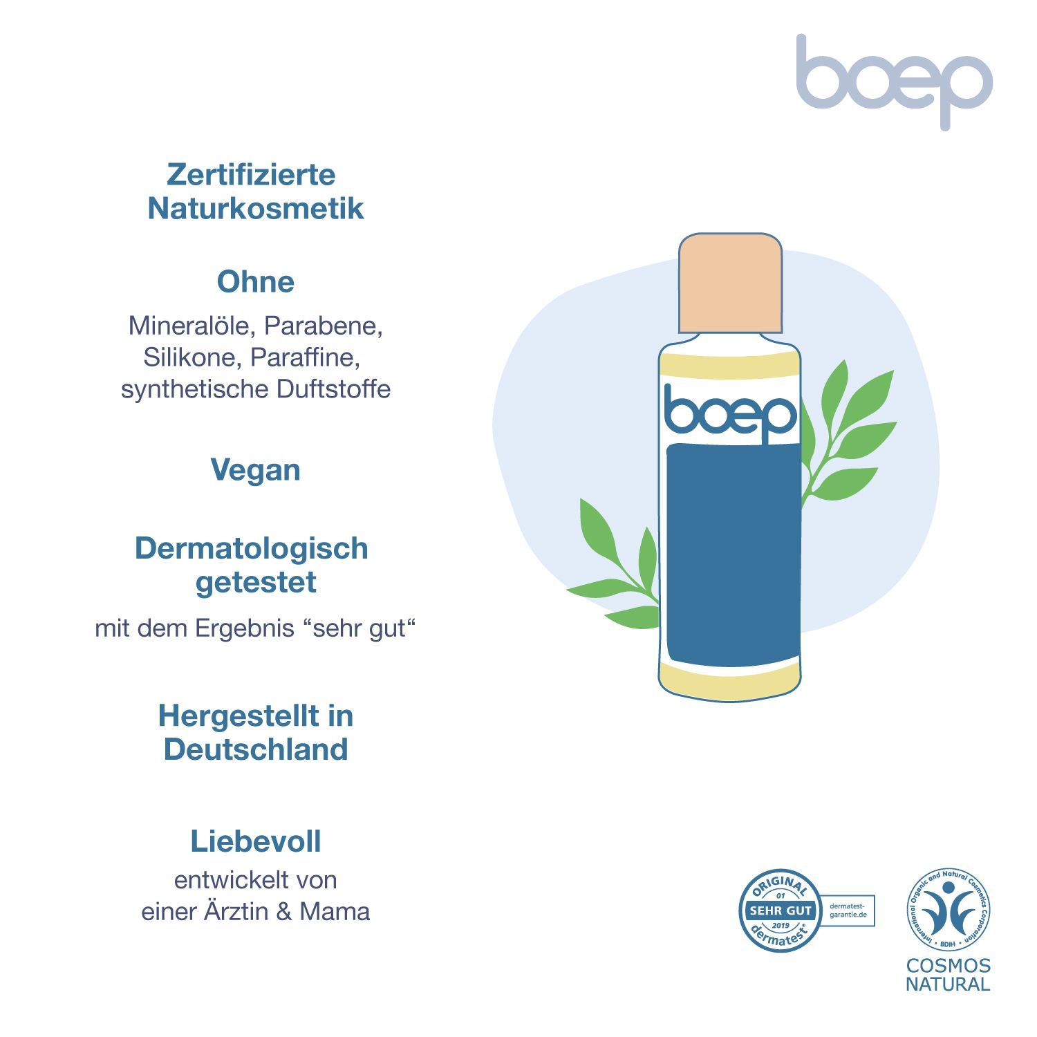 Liste von Produktmerkmalen: Zertifizierte Naturkosmetik, ohne Mineralöle, vegan, dermatologisch getestet, hergestellt in Deutschland.