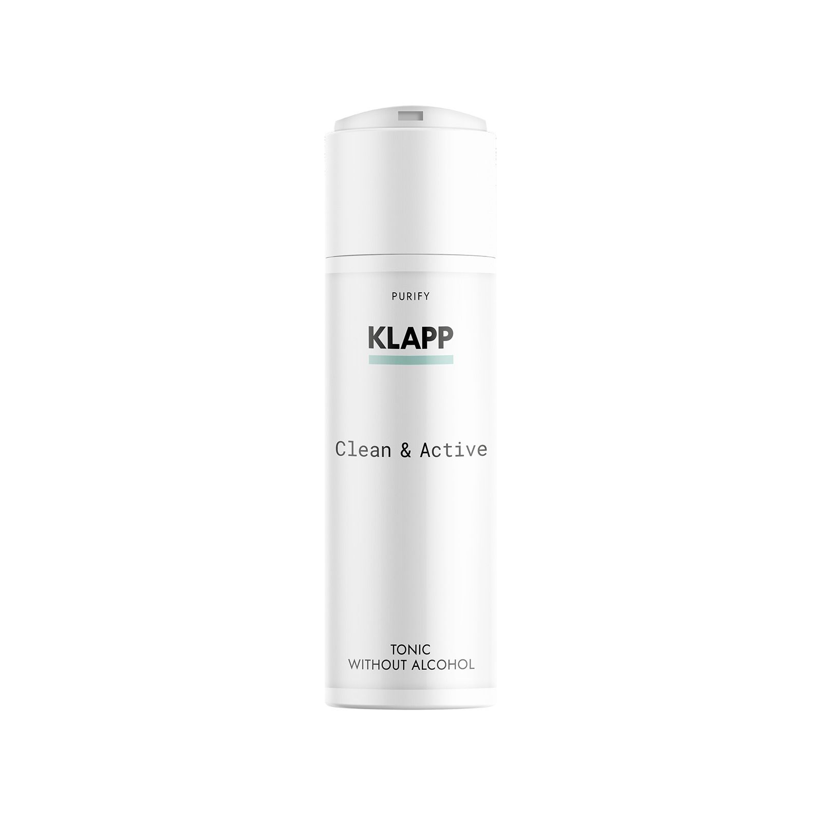 KLAPP Clean & Active Tonic ohne Alkohol, weiße Flasche mit Pumpspender.