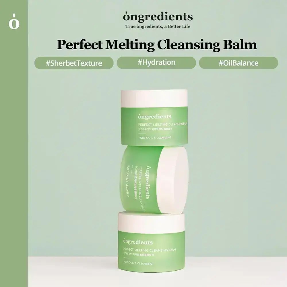 Drei grüne Tiegel, gestapelt. Aufschrift: Perfect Melting Cleansing Balm. Hashtags: #SherbetTexture, #Hydration, #OilBalance. Hintergrund: hellgrün.