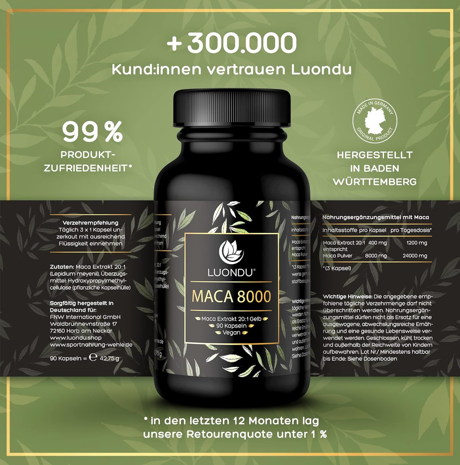 Produktflasche mit Etikett. Text: Luondu Maca 8000, 90 Kapseln. Hergestellt in Baden-Württemberg. 99% Zufriedenheit.