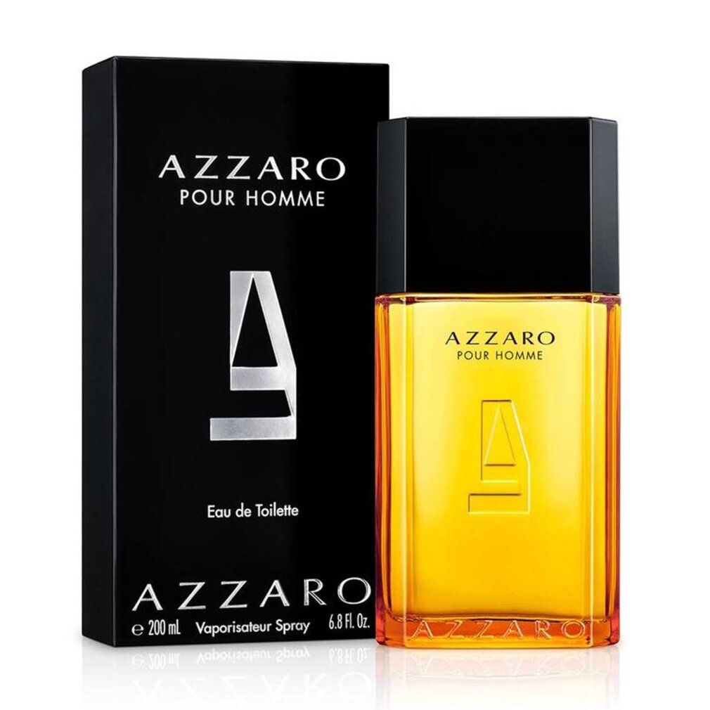 Azzaro Pour Homme Eau de Toilette Spray. Schwarze Schachtel und Flakon. Flakon mit gelber Flüssigkeit. 200ml.