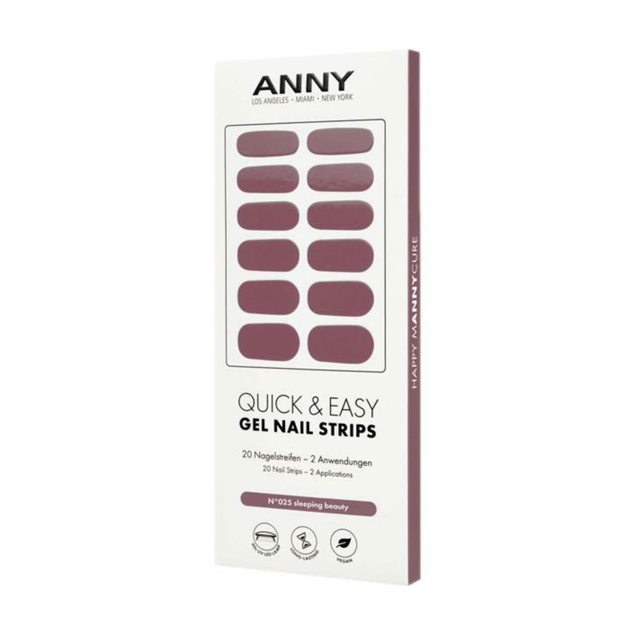 Verpackung mit ANNY Quick & Easy Gel Nail Strips. 20 Nagelstreifen, Farbe N°035 sleeping beauty. Mit Logo und Text.