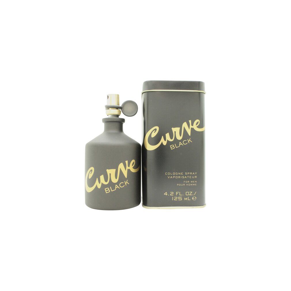 Graue Flasche und Dose mit goldfarbenem Schriftzug. Aufschrift: Curve Black. Dose: Cologne Spray, 125 ml.