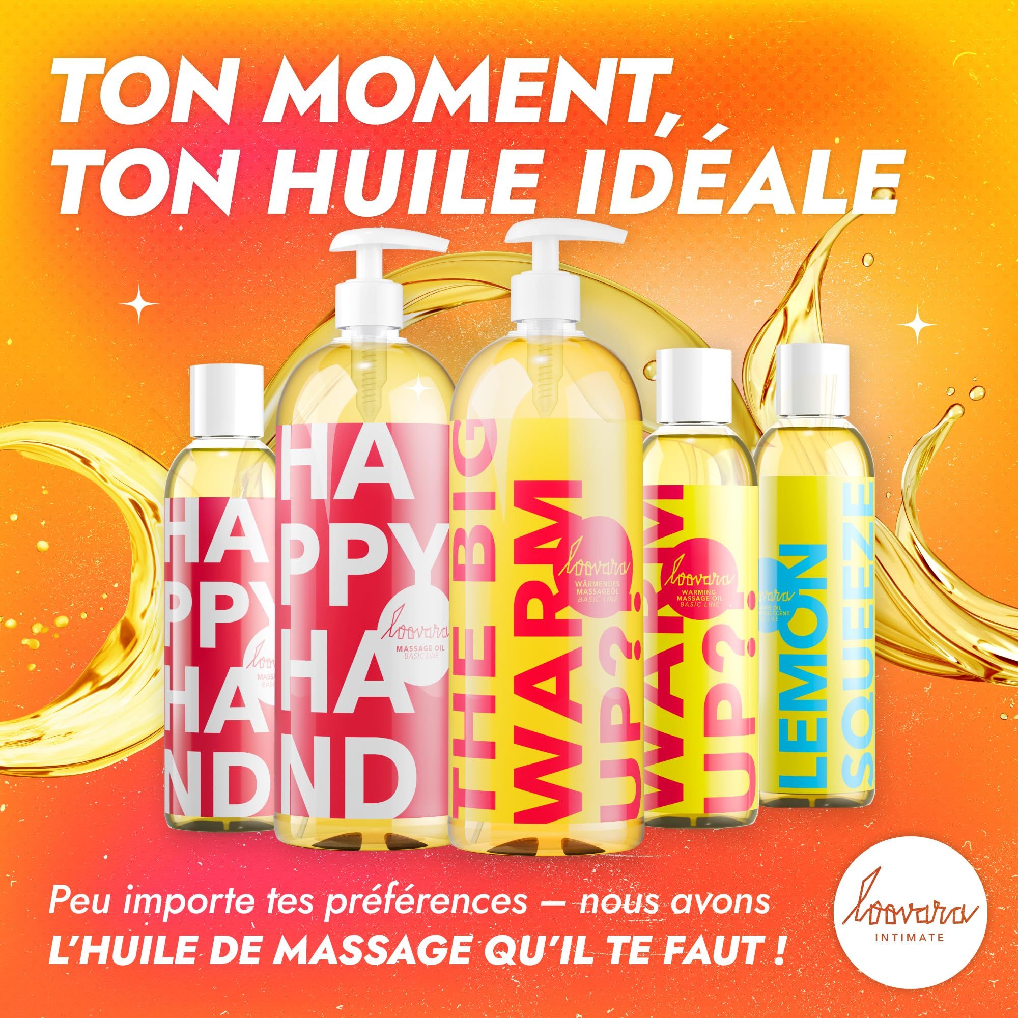 Loovara Massageöle: The Big Warm Up, Happy Weekend, Lemon Squeeze in Flaschen mit Pumpspendern.