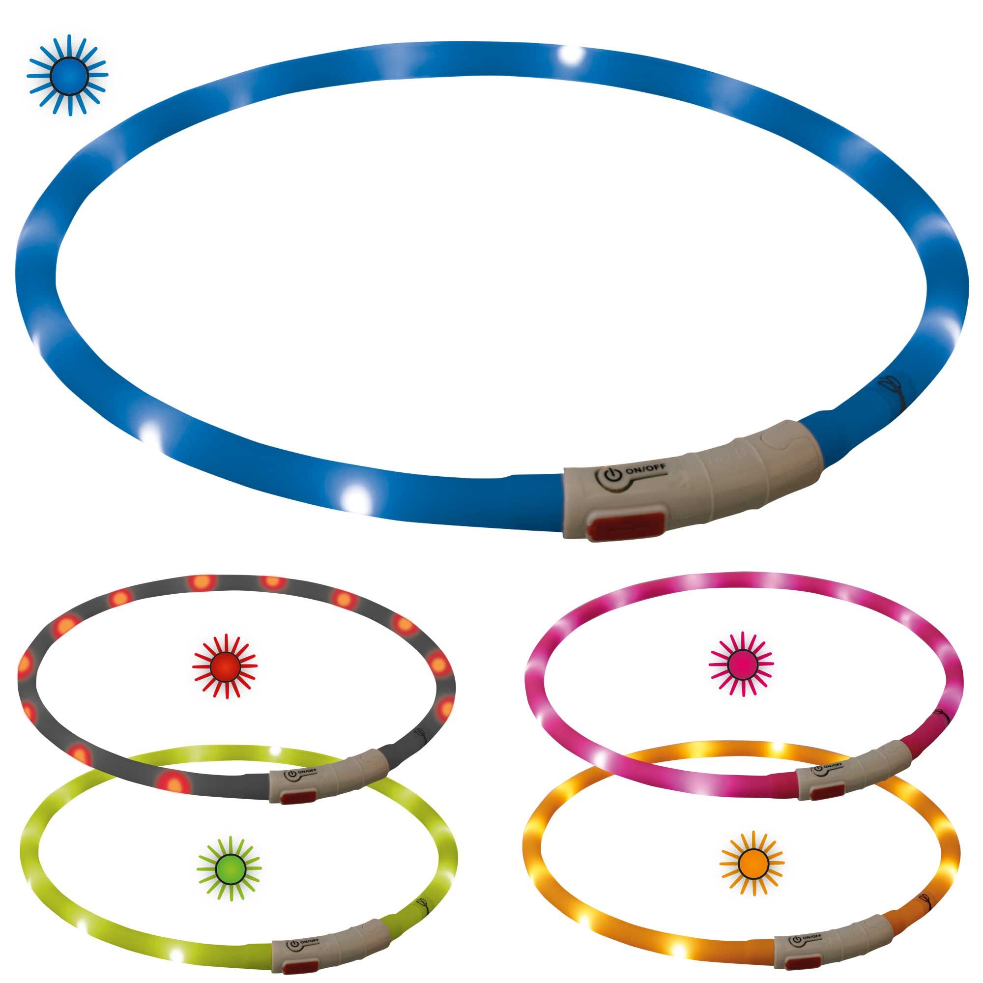 Mehrfarbige Leuchtschläuche für Hunde. Blau, grau, grün, rosa und orange. Mit weißem Verschluss.