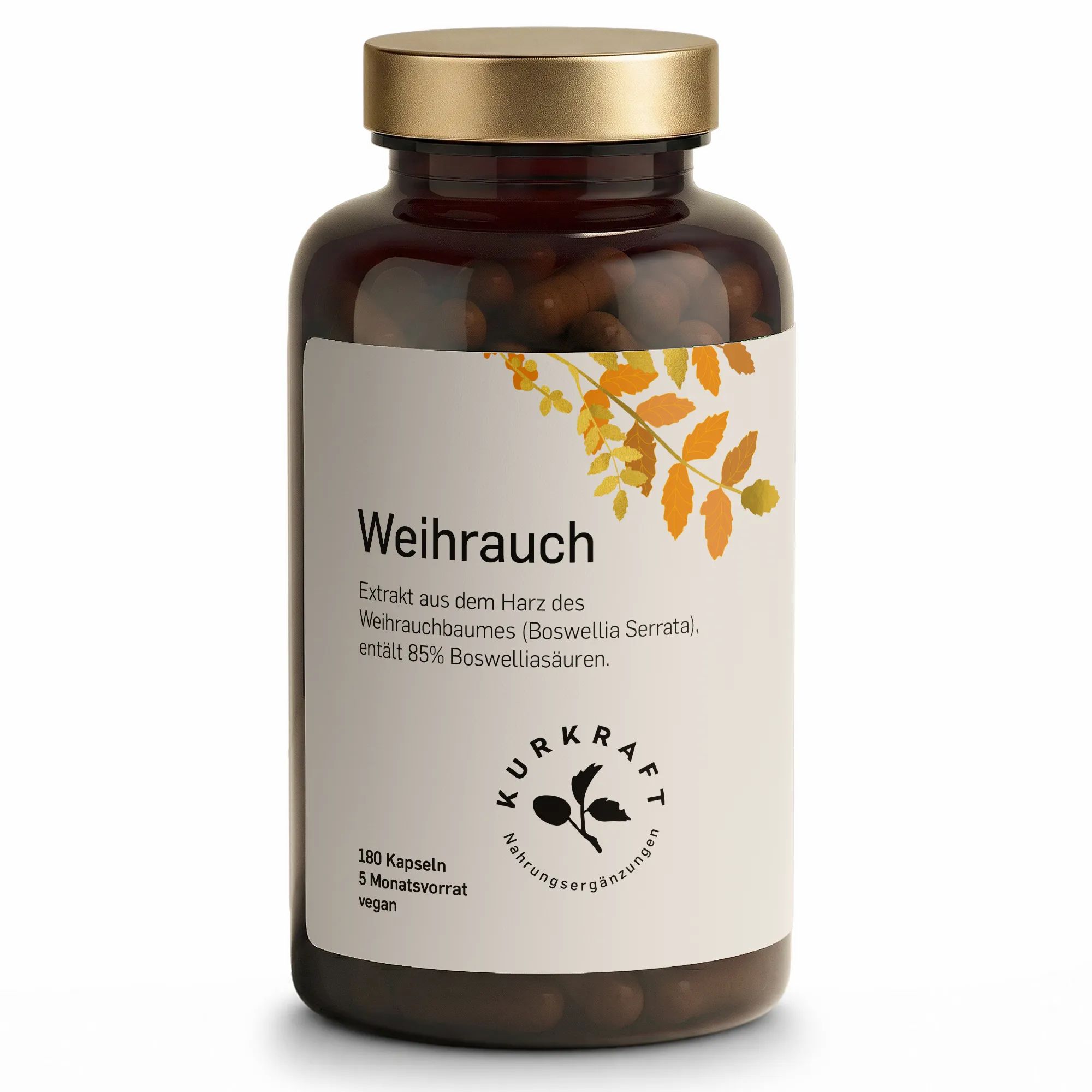 Braune Glasflasche mit goldfarbenem Deckel, gefüllt mit Weihrauch-Kapseln.