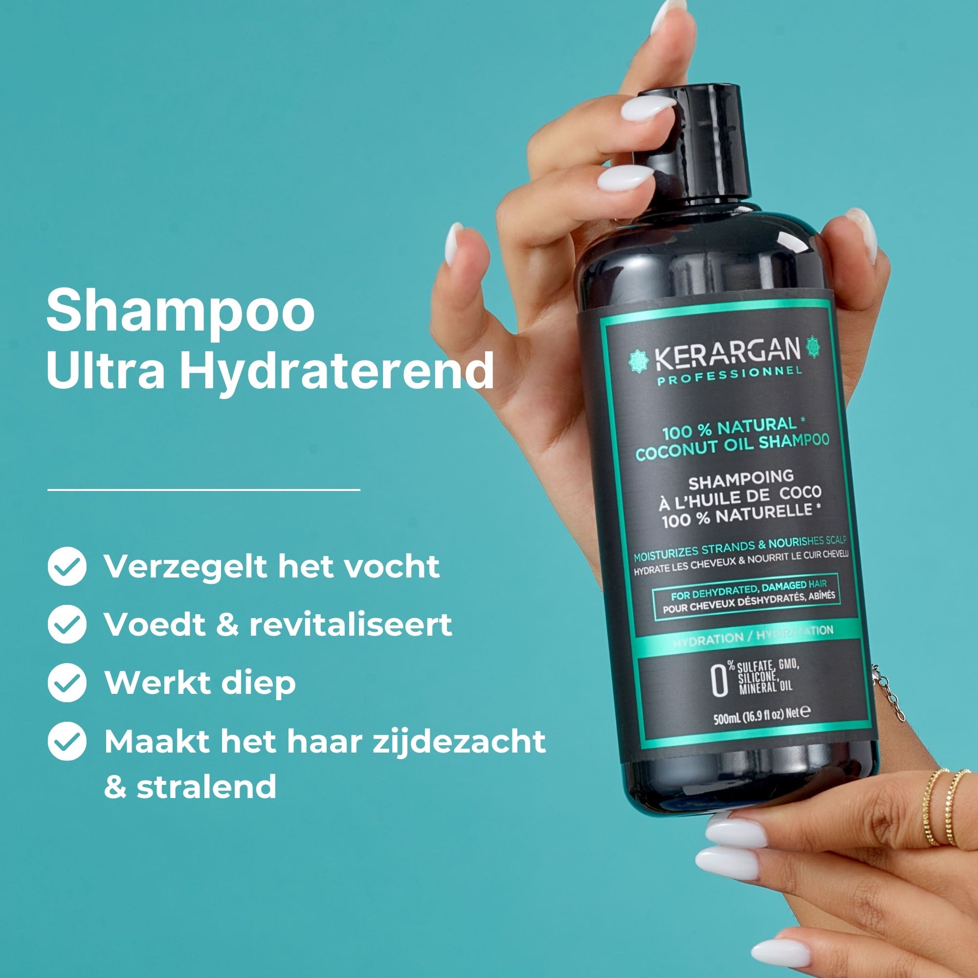 Hand houdt shampoo fles. Tekst: Kerargan, 100% Natural Coconut Oil Shampoo. Ultra Hydraterend. Verzegelt, voedt, glanst.
