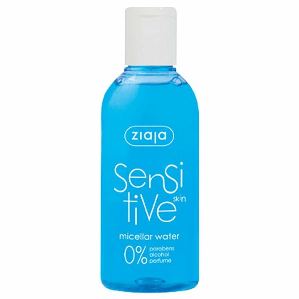 Blaue Flasche mit weißem Deckel. Aufschrift: Ziaja, sensitive skin, Mizellenwasser. 0% Parabene, Alkohol, Parfüm.