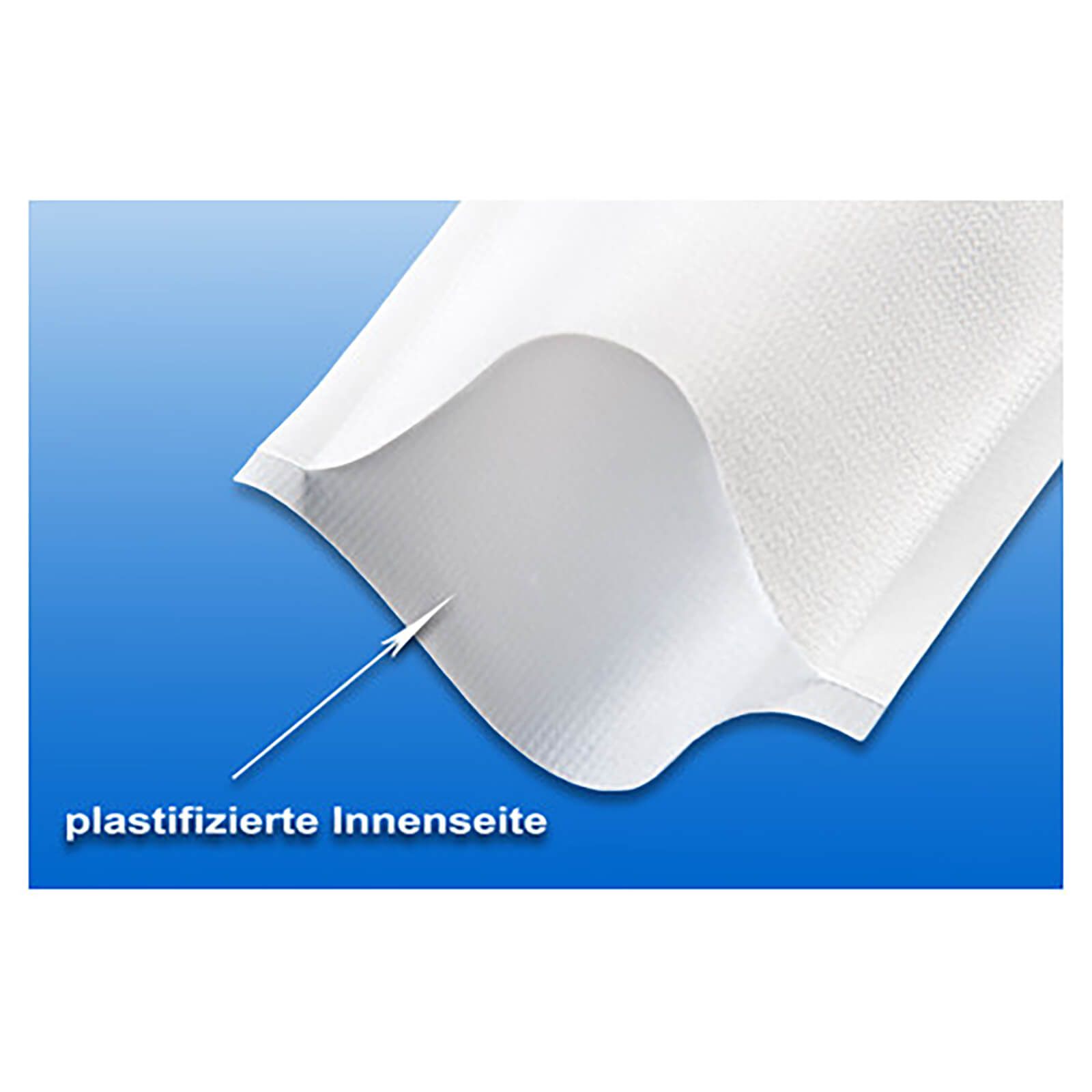 Waschhandschuh mit Folie, weiße Innenseite. Text: plastifizierte Innenseite. Blauer Hintergrund.