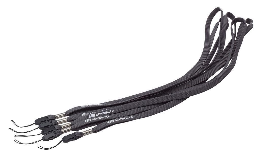 Fünf anthrazitfarbene Lanyards. Schwarze Bänder mit silberfarbenen Verschlüssen und Markenlogo. Zum Umhängen.