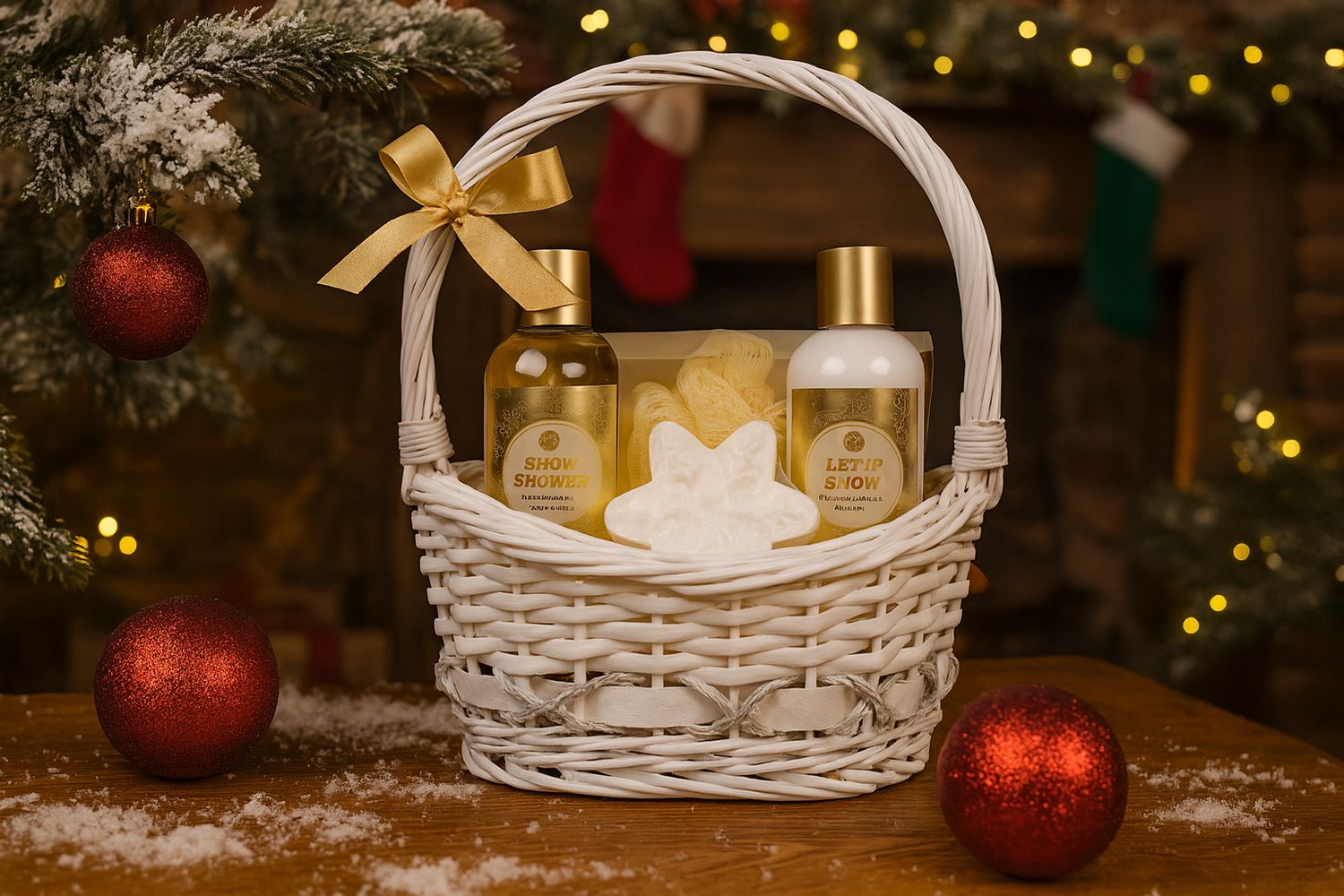Weißer Korb mit Duschgel, Bodylotion, Sternseife und Badeschwamm. Weihnachtliche Dekoration im Hintergrund.