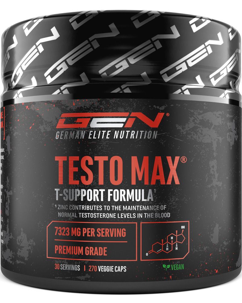 Schwarze Dose mit GEN Testo Max. Roter Text: T-Support Formula. Enthält 270 Kapseln. Vegan. Premium Grade.