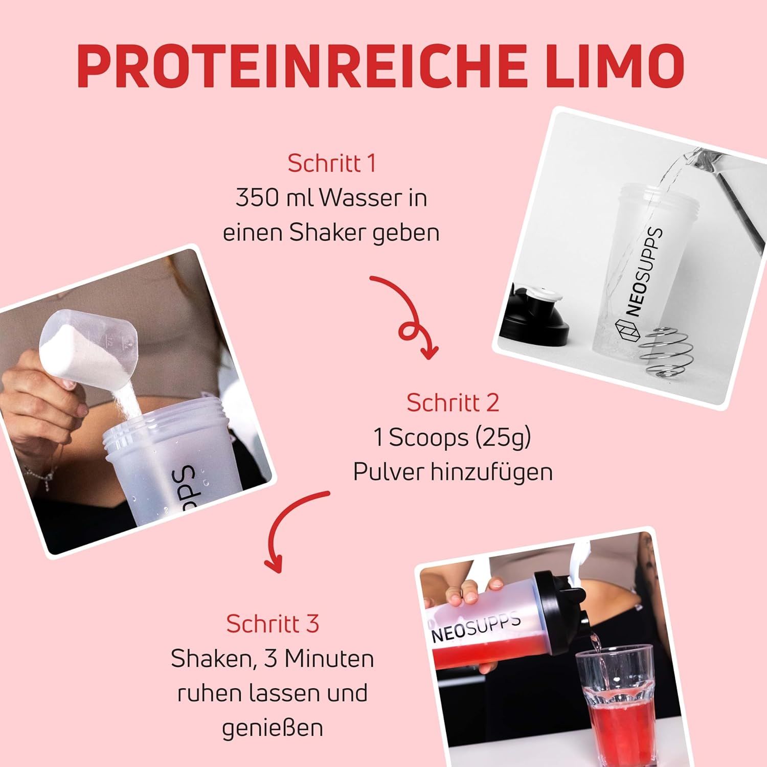 Anleitung zur Zubereitung eines Getränks. Schritte: Wasser in Shaker, Pulver hinzufügen, schütteln. Fertiges Getränk im Glas.