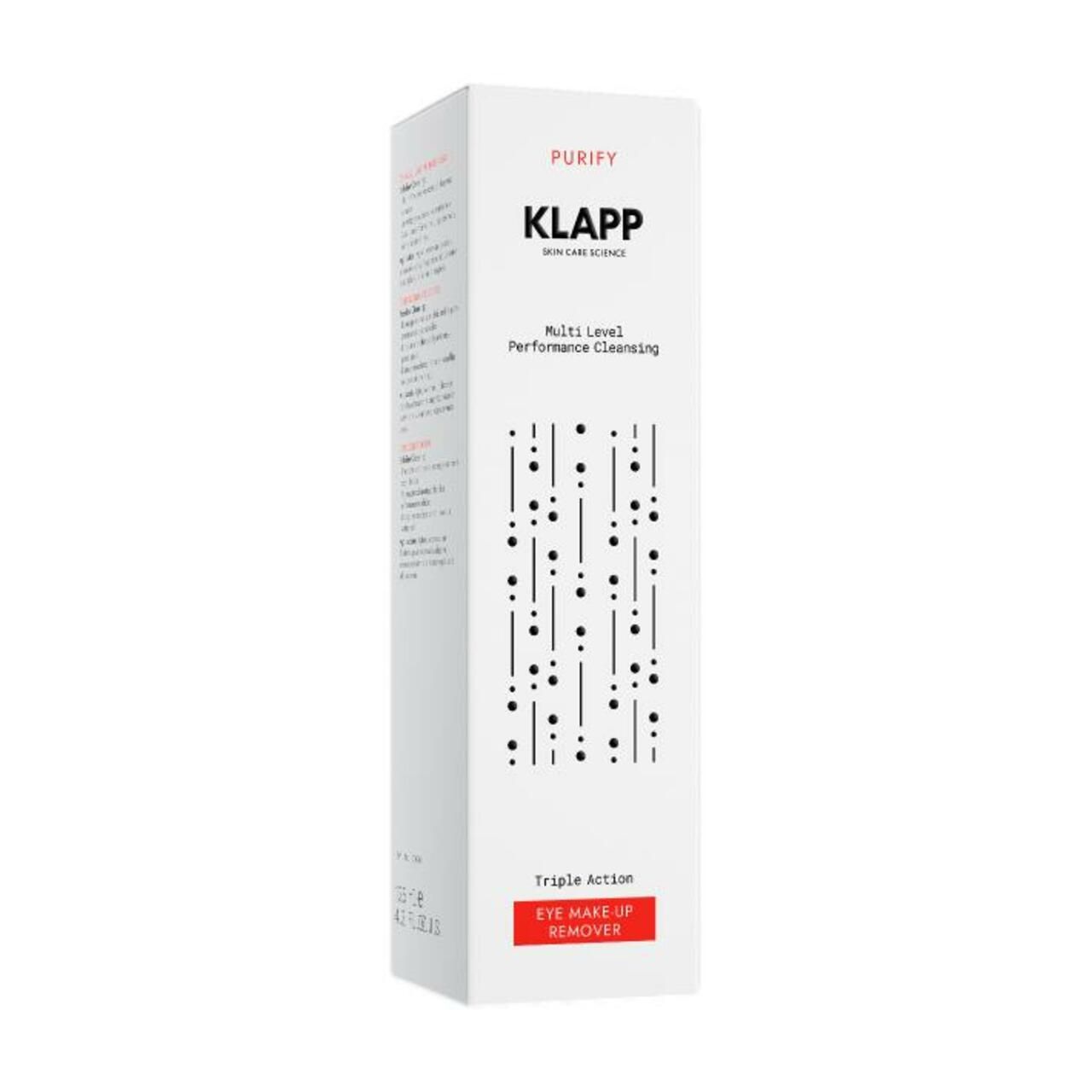 Weiße Verpackung für Klapp Eye Make-Up Remover. Text: Klapp, Multi Level Performance Cleansing, Triple Action Eye Make-Up Remover. Rote Schrift.