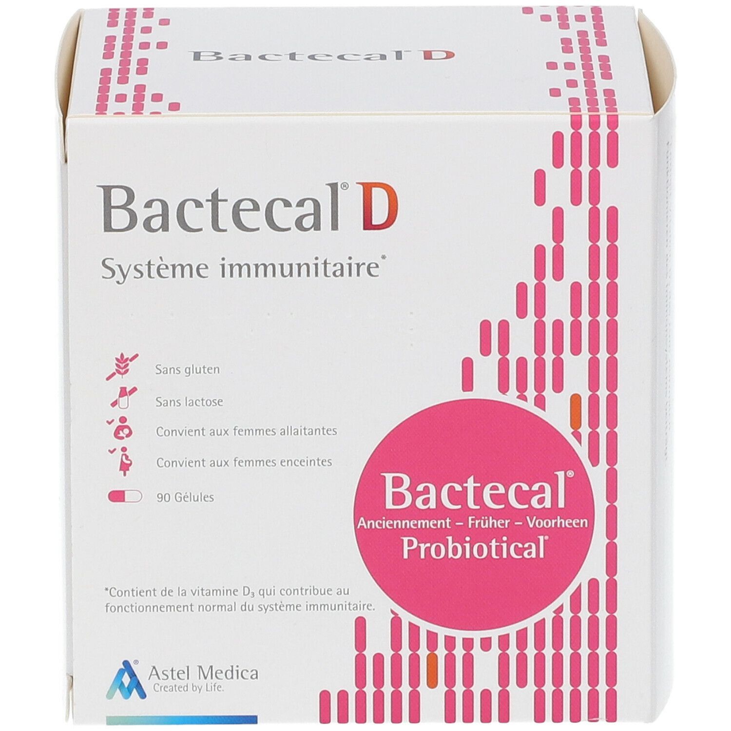 Weißer Karton mit Bactecal D. Rosa Kreis mit Bactecal Probiotical. Text: Système immunitaire. 90 Gélules. Glutenfrei, laktosefrei.