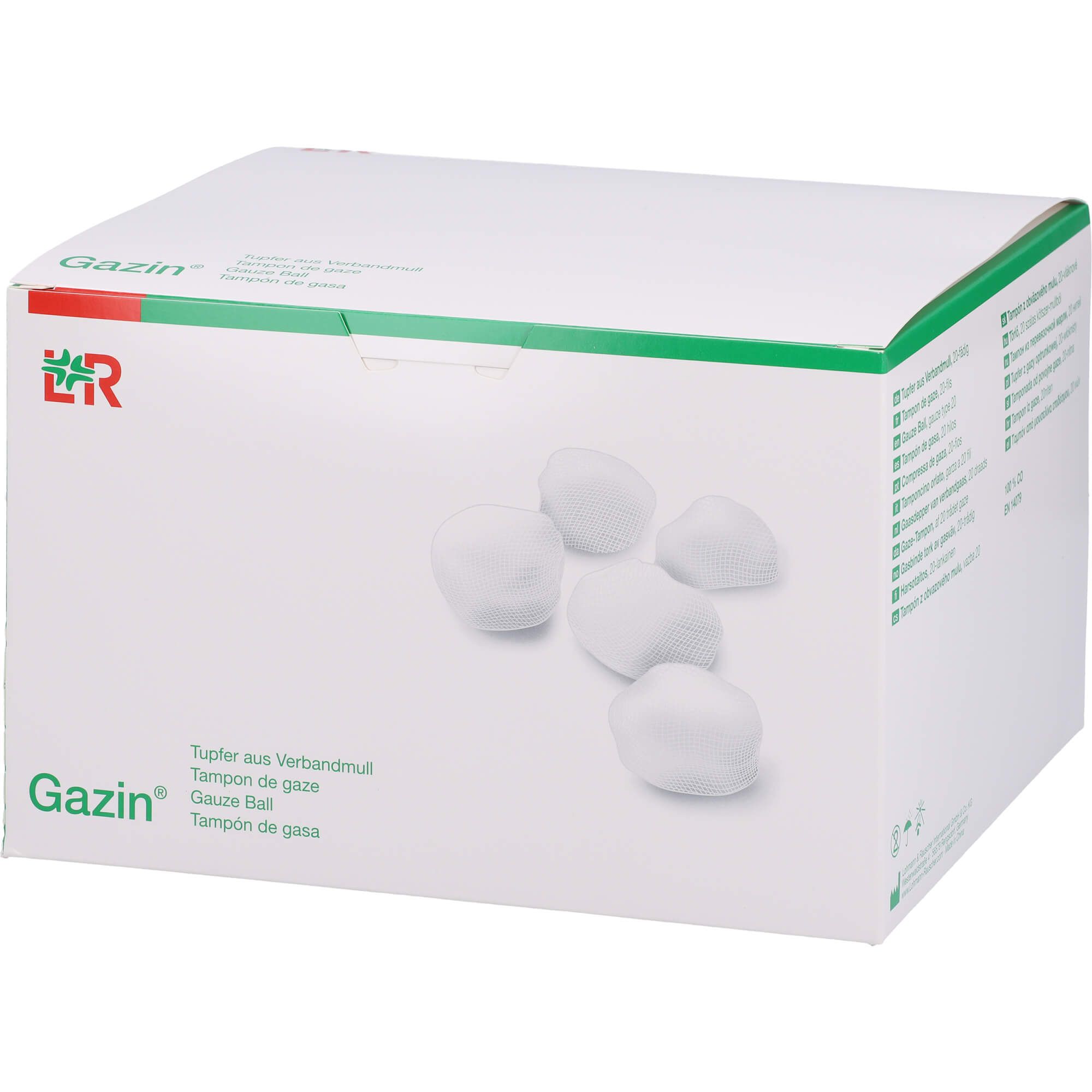 Weiße Tupfer neben Karton. Karton mit Gazin-Logo und Produktbezeichnung. Grüne Akzente am Karton.