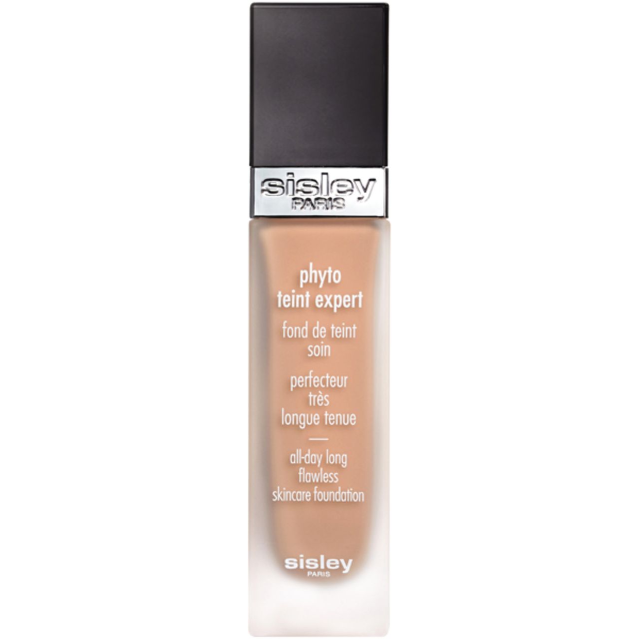 Sisley Phyto-Teint Expert. Flasche mit schwarzem Deckel. Text: 'all-day long flawless skincare foundation'.