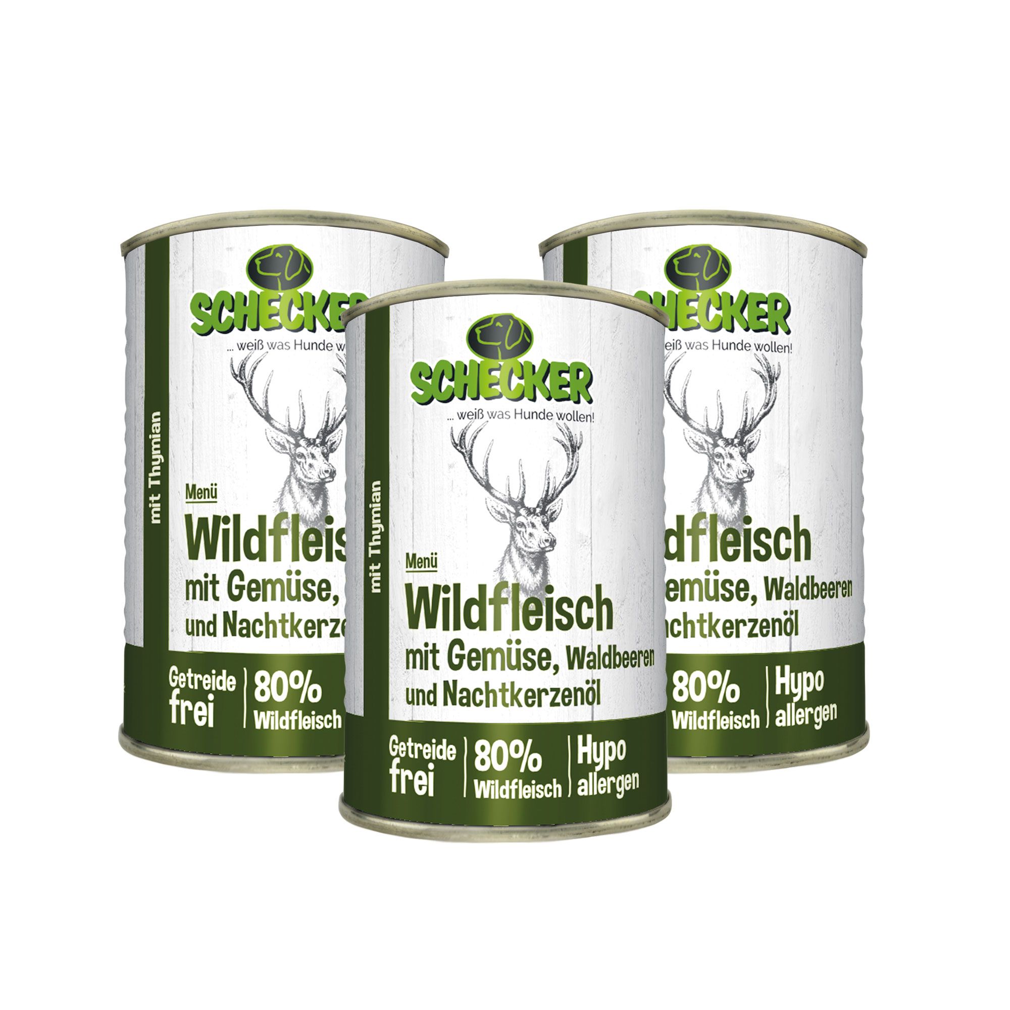 Drei Dosen Hundefutter mit Wildfleisch, Gemüse, Waldbeeren und Nachtkerzenöl. Marke Schecker, 80% Wildfleisch, getreidefrei.