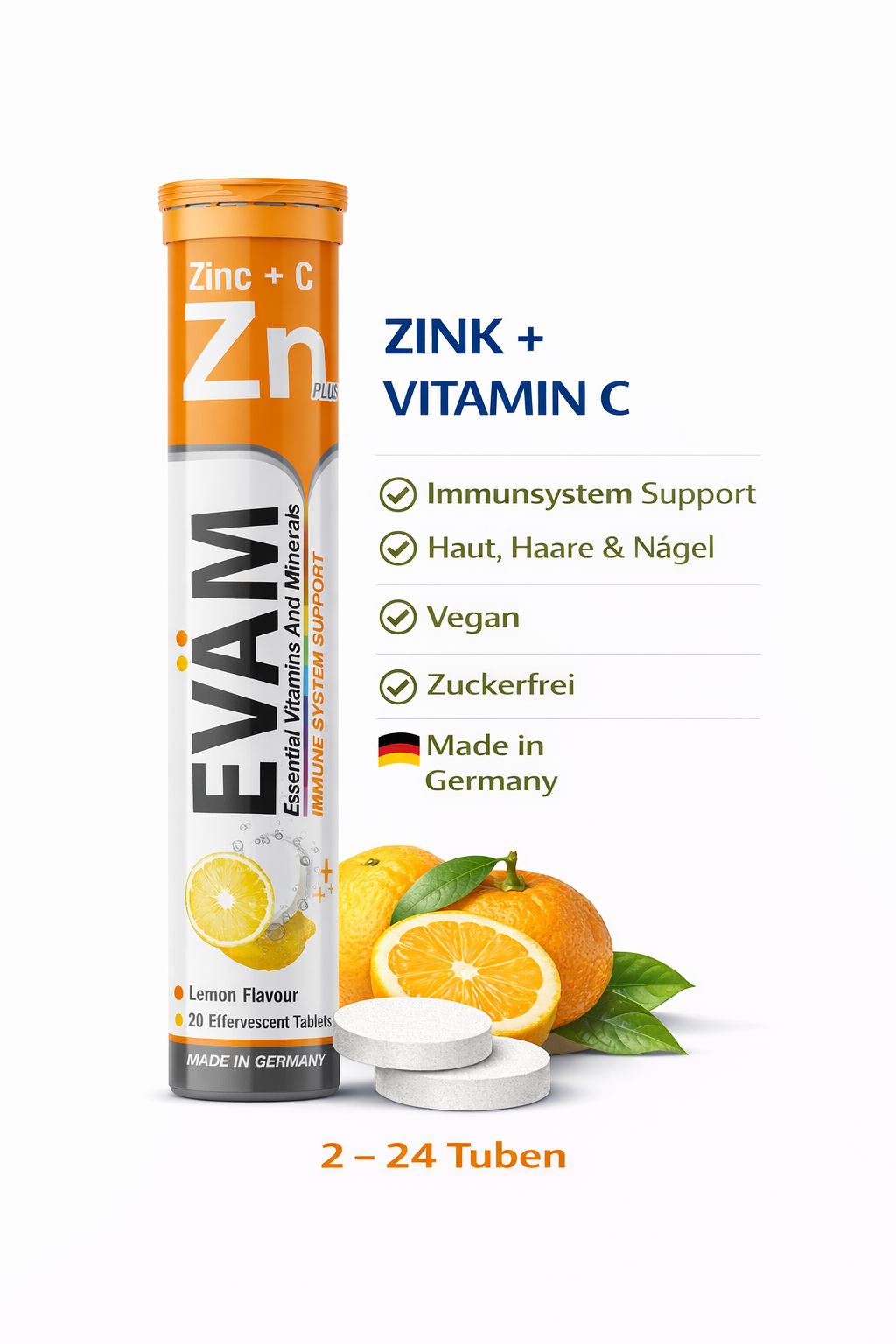 Brausetabletten-Tube mit EVÄM Vitamin C + Zink. Text: Zink + Vitamin C. Vegan, zuckerfrei. Made in Germany. Zitronen.