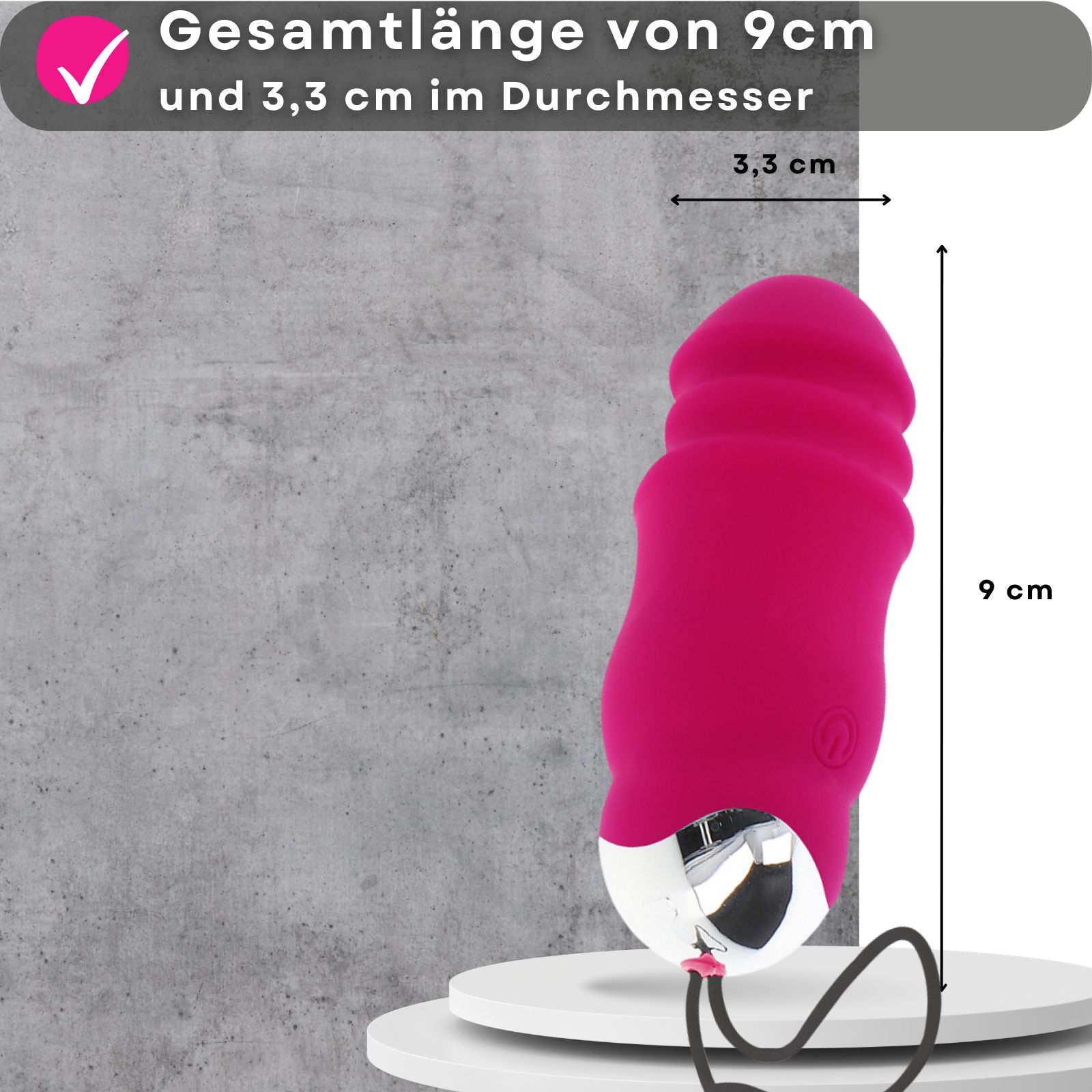 Pinkes Vibrator-Ei. 9 cm lang, 3,3 cm Durchmesser. Silikon und ABS-Kunststoff. Wiederaufladbar. 8 Modi.