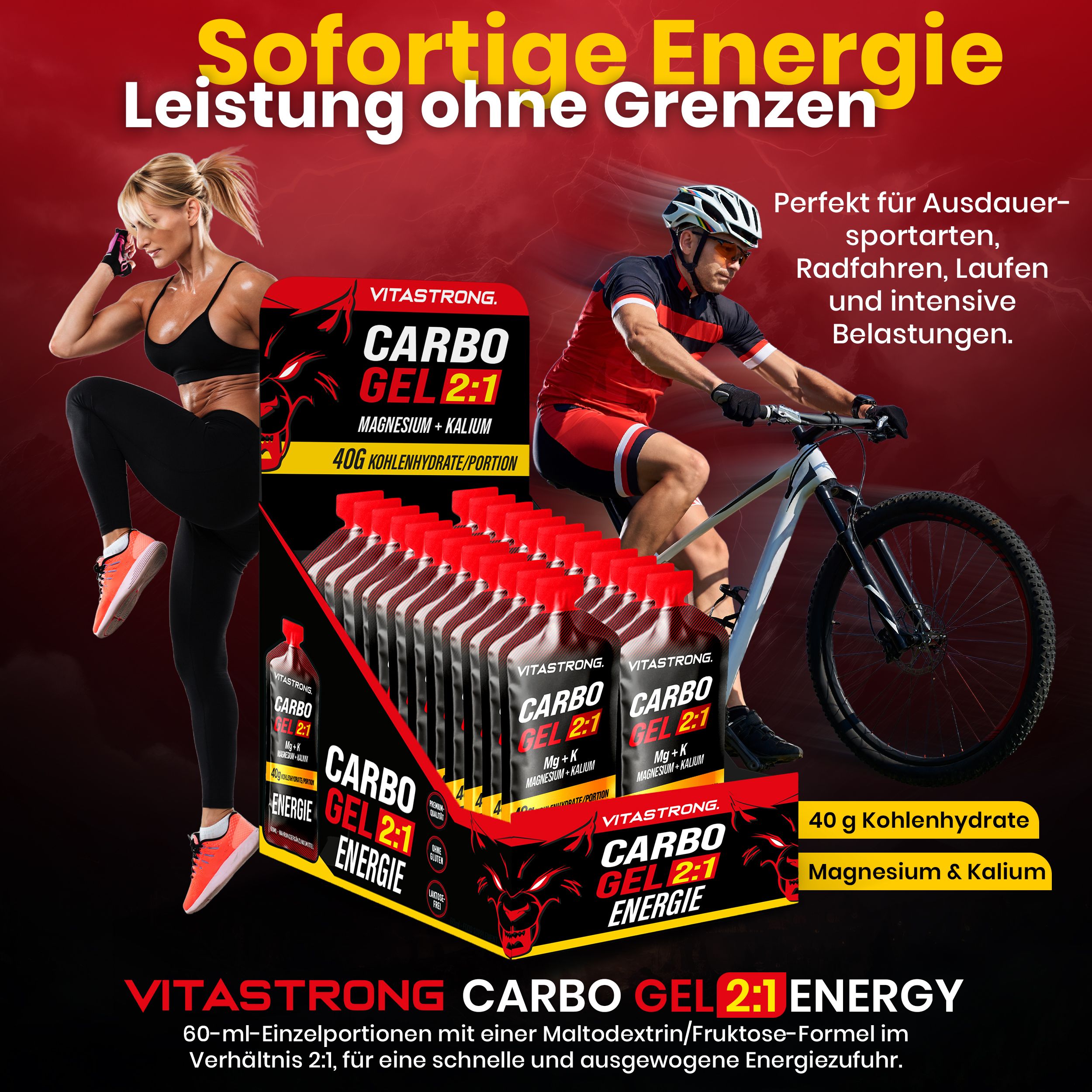 Vitastrong CARBO GEL 2:1. Einzelportionen in Displaybox. Sportler beim Training. Text: 40g Kohlenhydrate, Magnesium & Kalium.