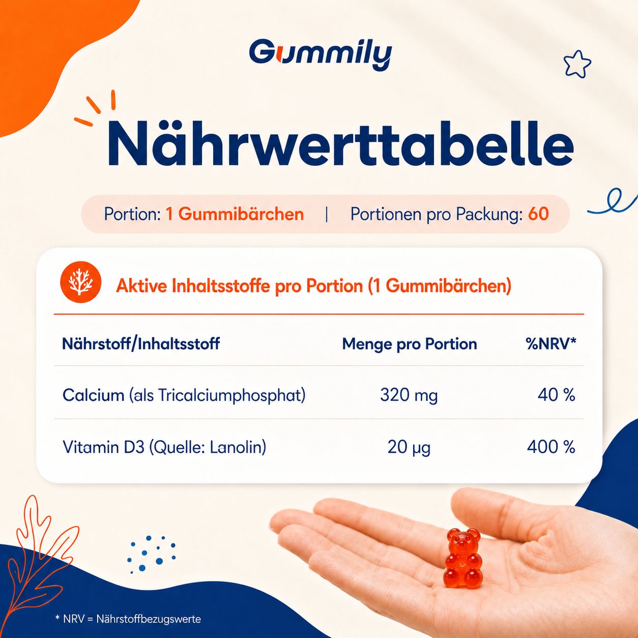 Gummily Kinder Kalzium & Vitamin D3 Flasche mit Orangen.