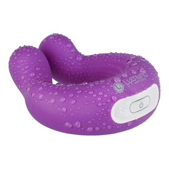 Lila Vibrator-Ring mit Wassertropfen bedeckt. Logo und Schriftzug "Lumunu passion products".