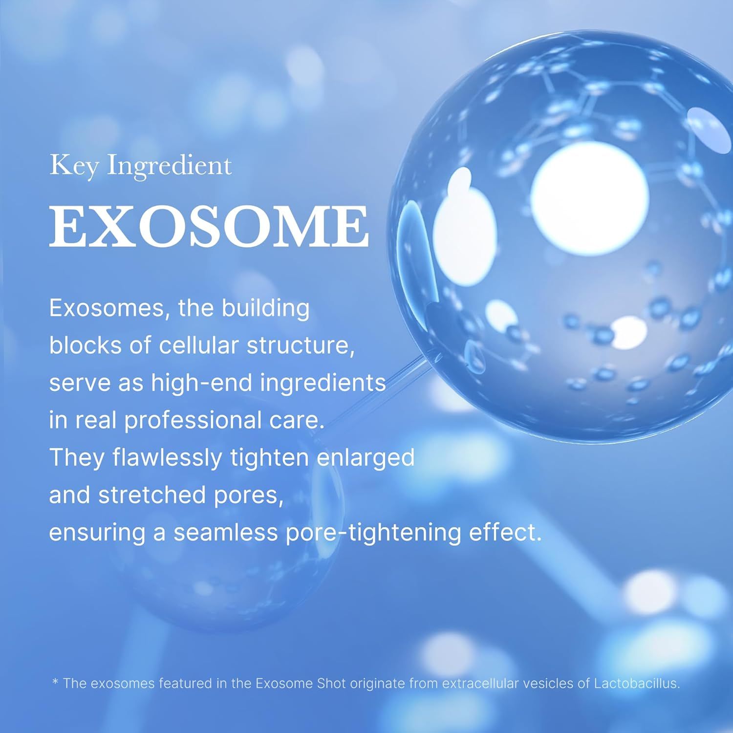 Blaue Kugeln mit Text: „EXOSOME“. Beschreibt Exosomen als Bausteine der Zellstruktur.