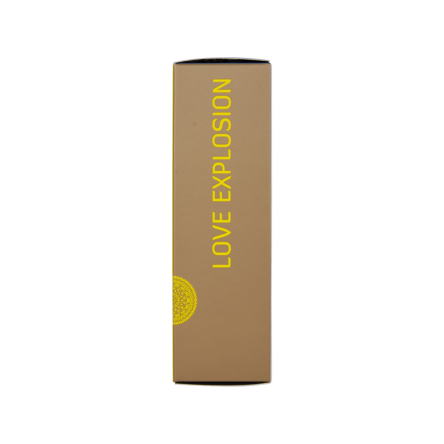 Braune Schachtel mit gelbem Text "LOVE EXPLOSION". Unten ein gelbes Muster.